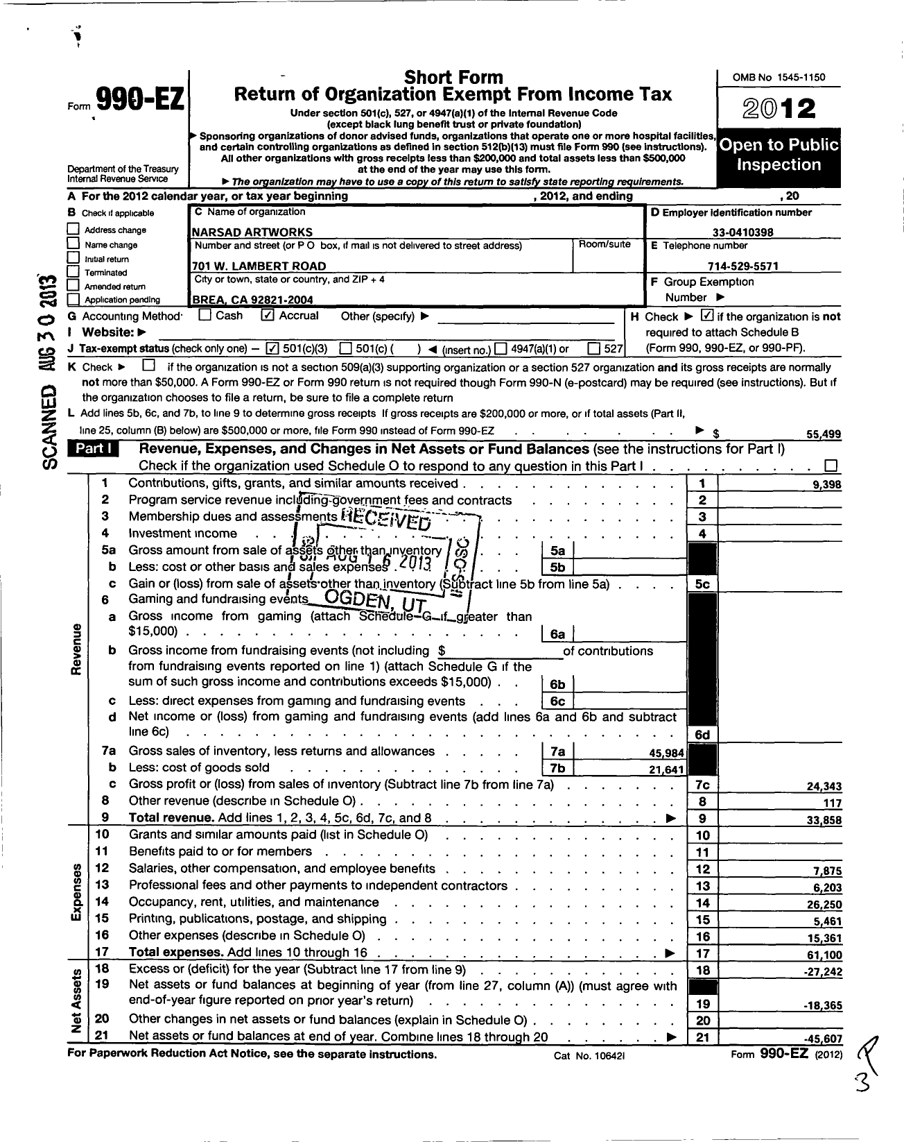 Image of first page of 2012 Form 990EZ for Narsad Artworks