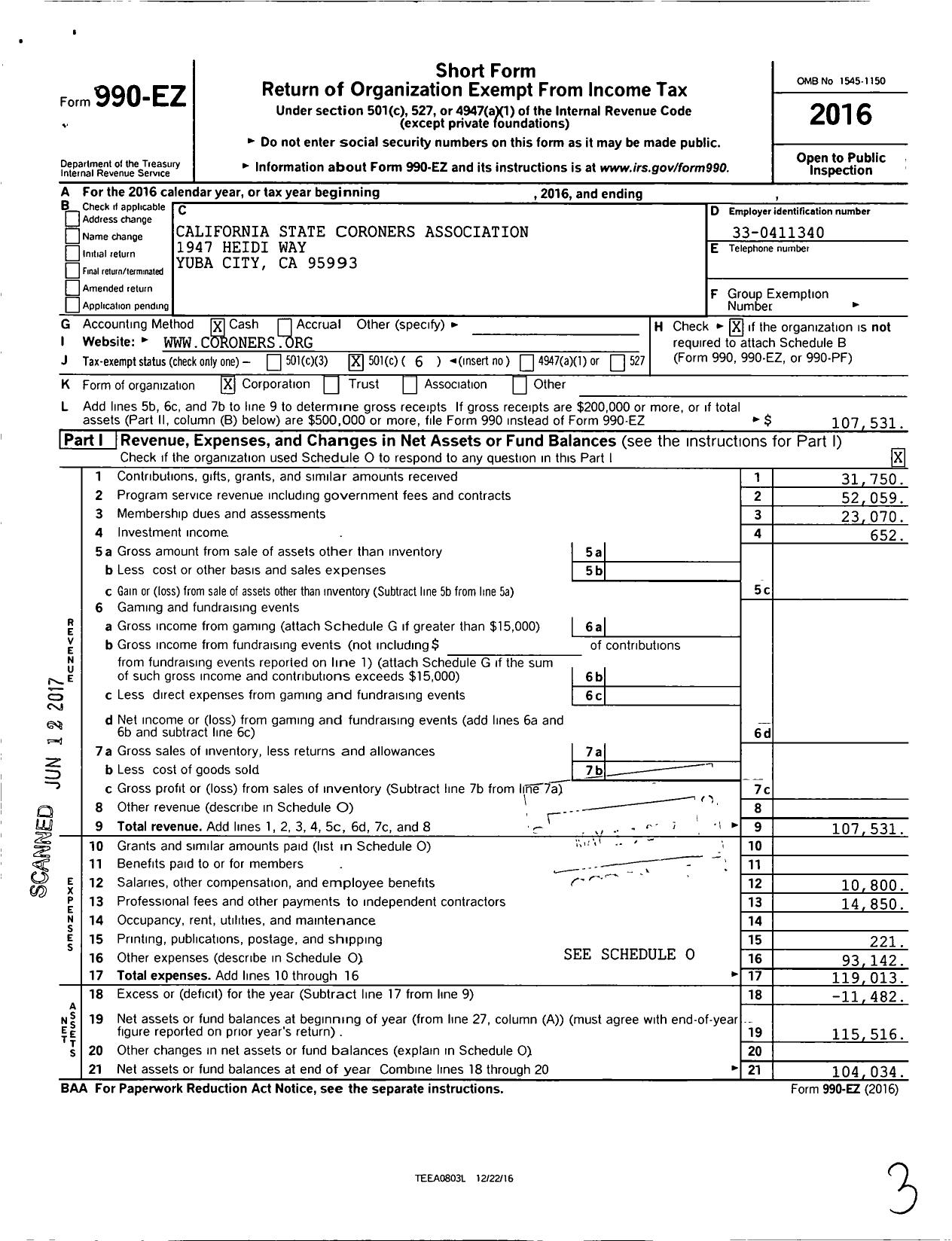 Image of first page of 2016 Form 990EO for California State Coroners Association