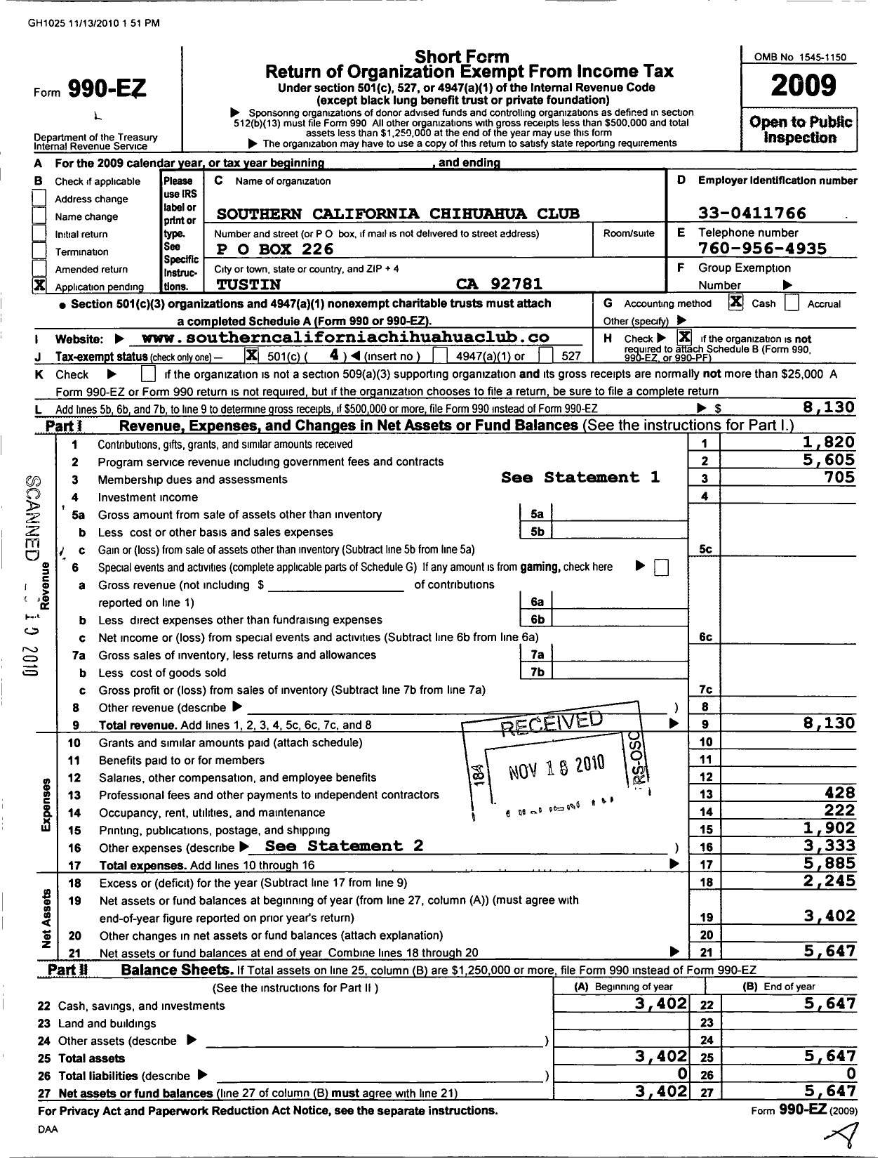 Image of first page of 2009 Form 990EO for Southern California Chihuahua Club