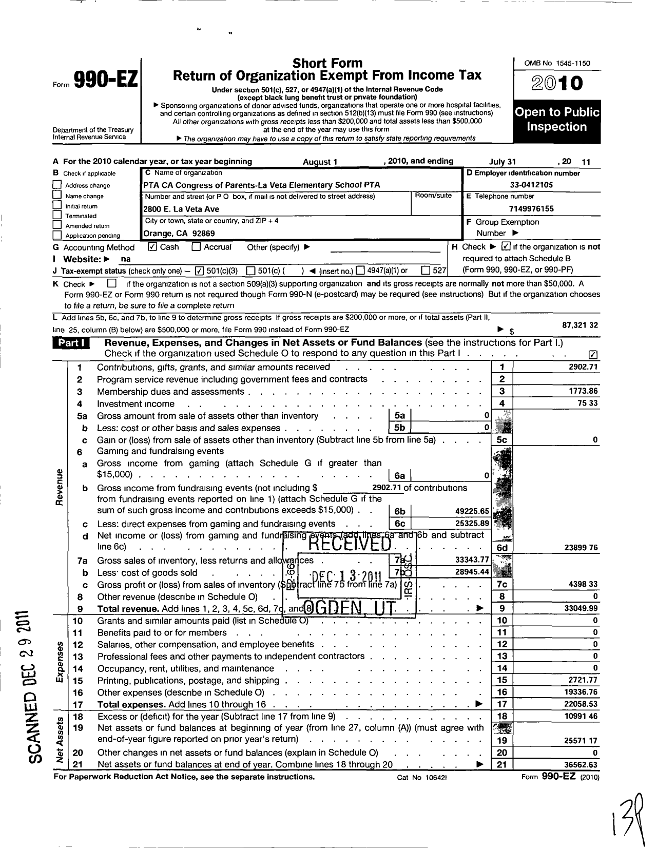 Image of first page of 2010 Form 990EZ for California State PTA - La Veta Elementary PTA