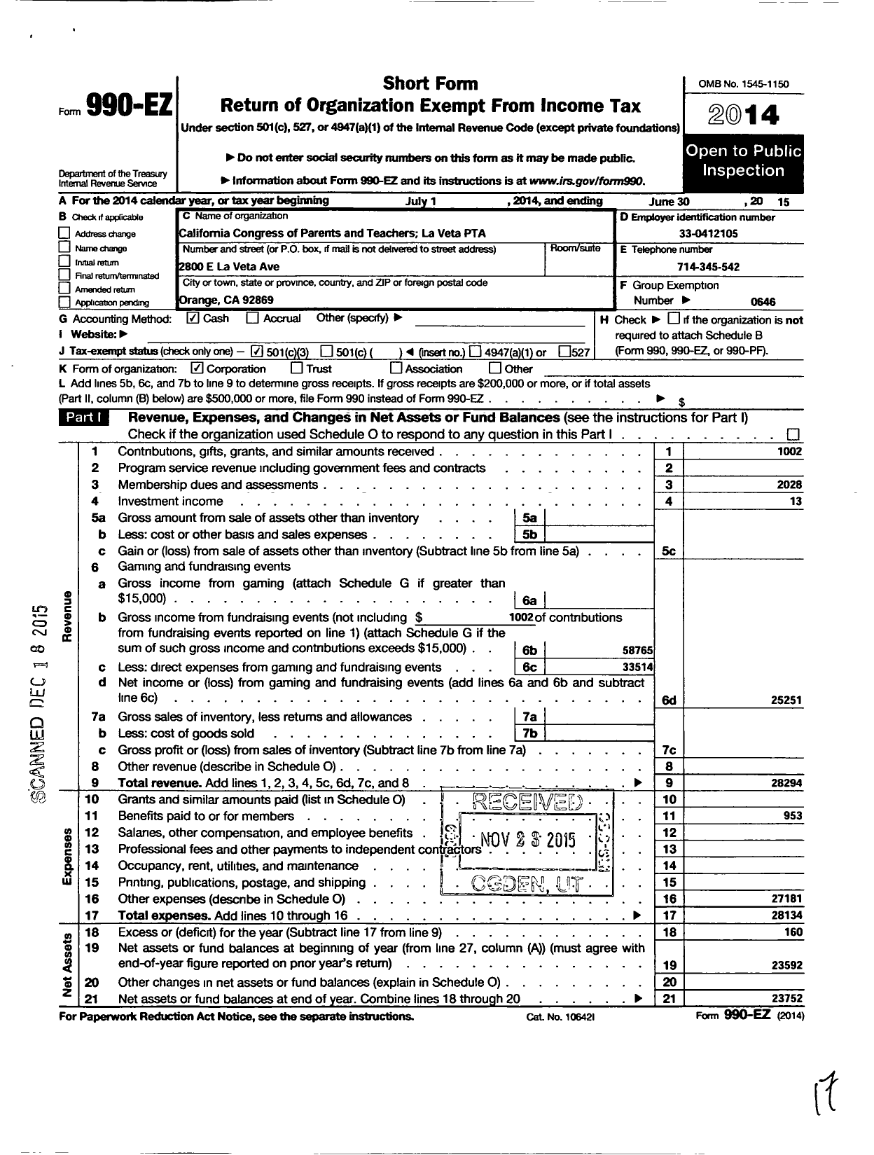 Image of first page of 2014 Form 990EZ for California State PTA - La Veta Elementary PTA