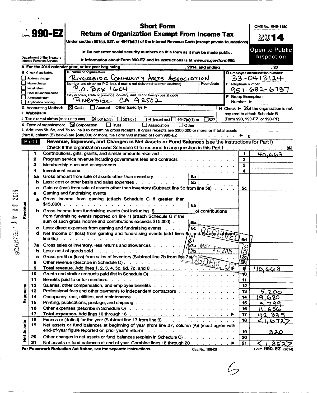 Image of first page of 2014 Form 990EZ for Riverside Community Arts Association