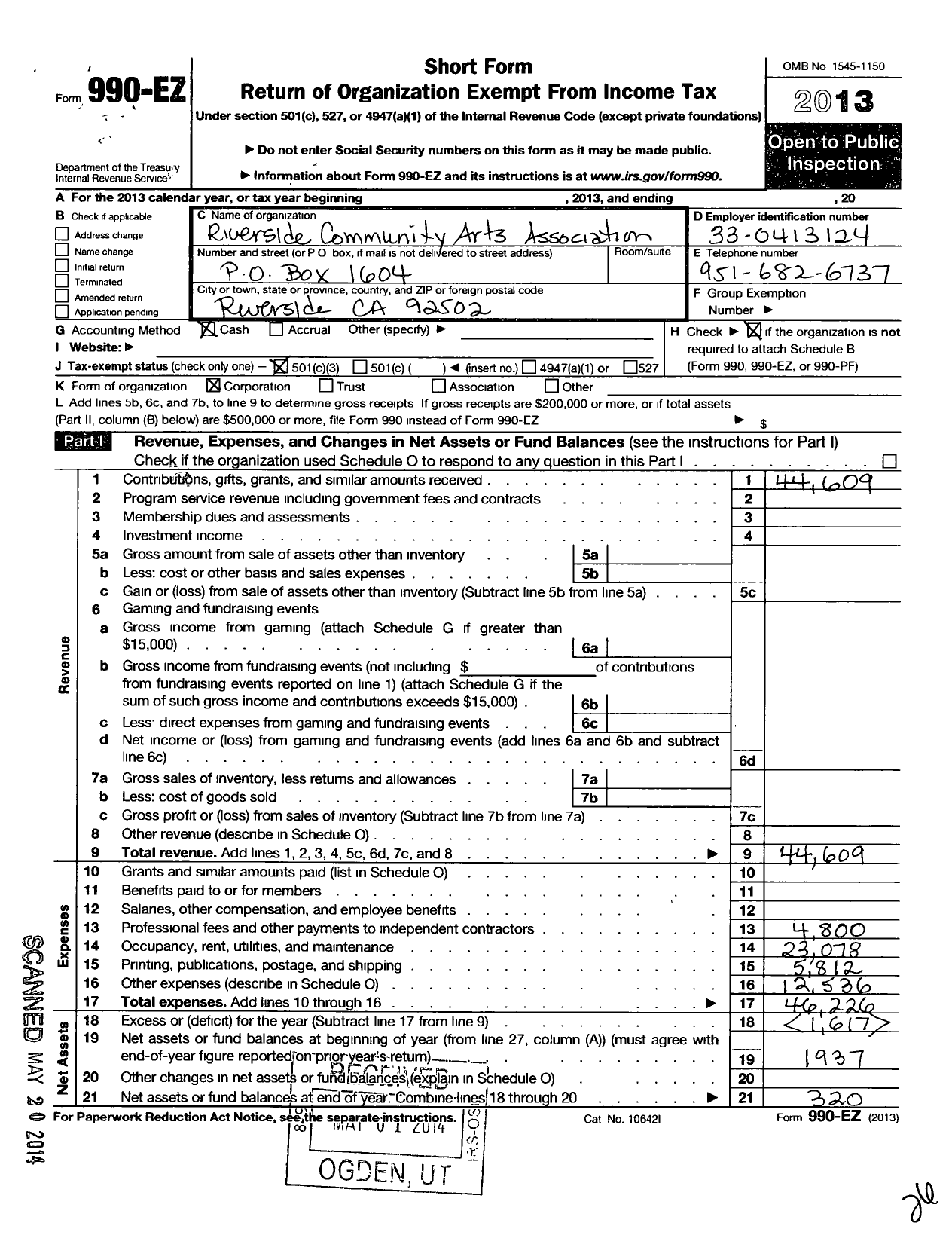 Image of first page of 2013 Form 990EZ for Riverside Community Arts Association