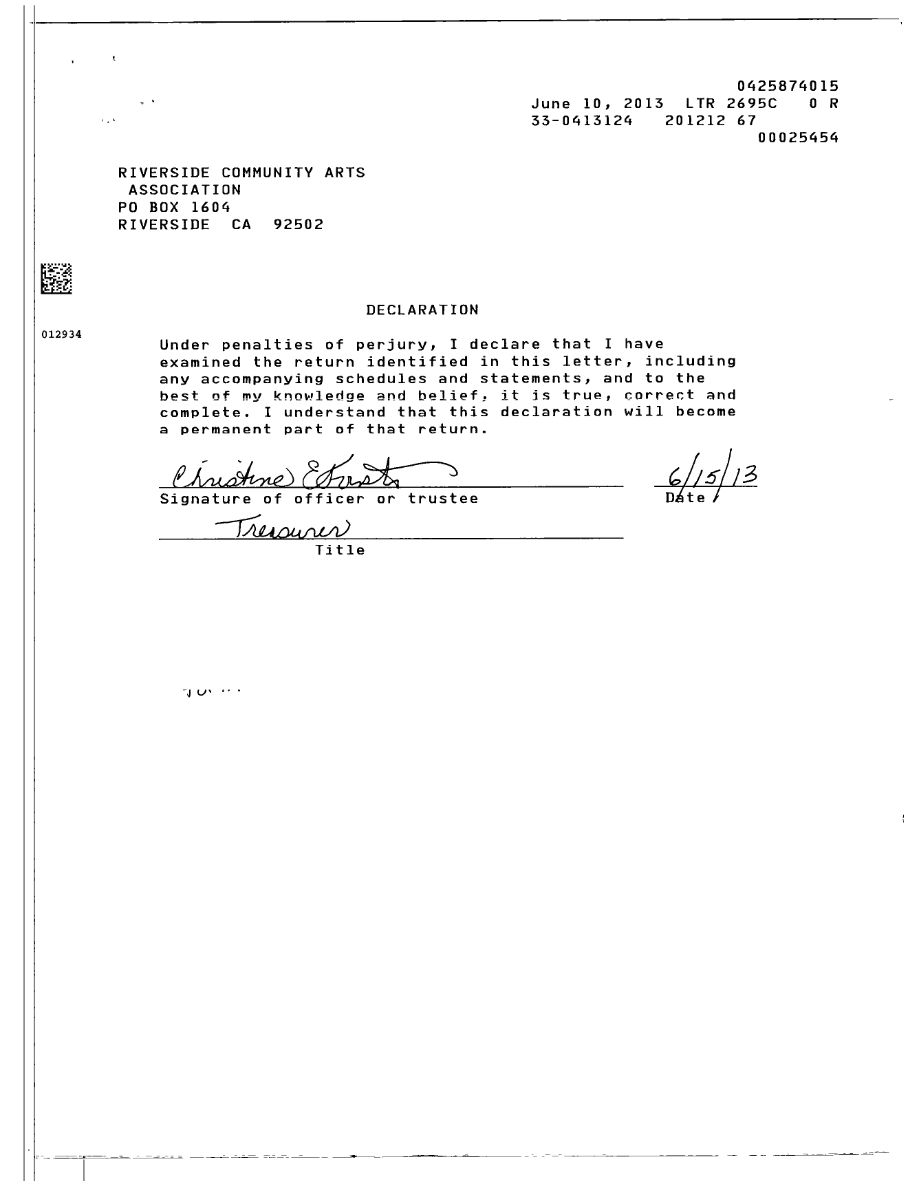 Image of first page of 2012 Form 990ER for Riverside Community Arts Association