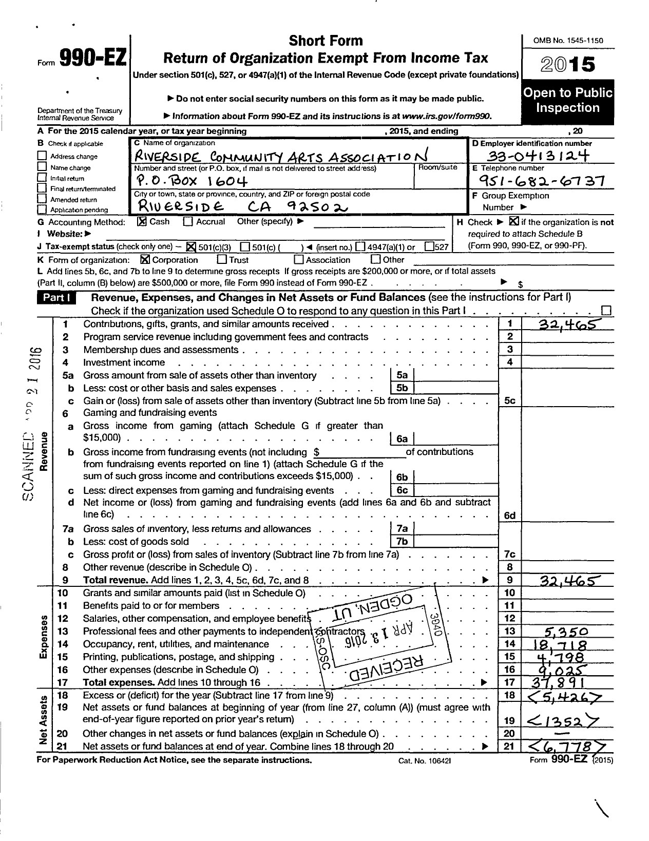 Image of first page of 2015 Form 990EZ for Riverside Community Arts Association