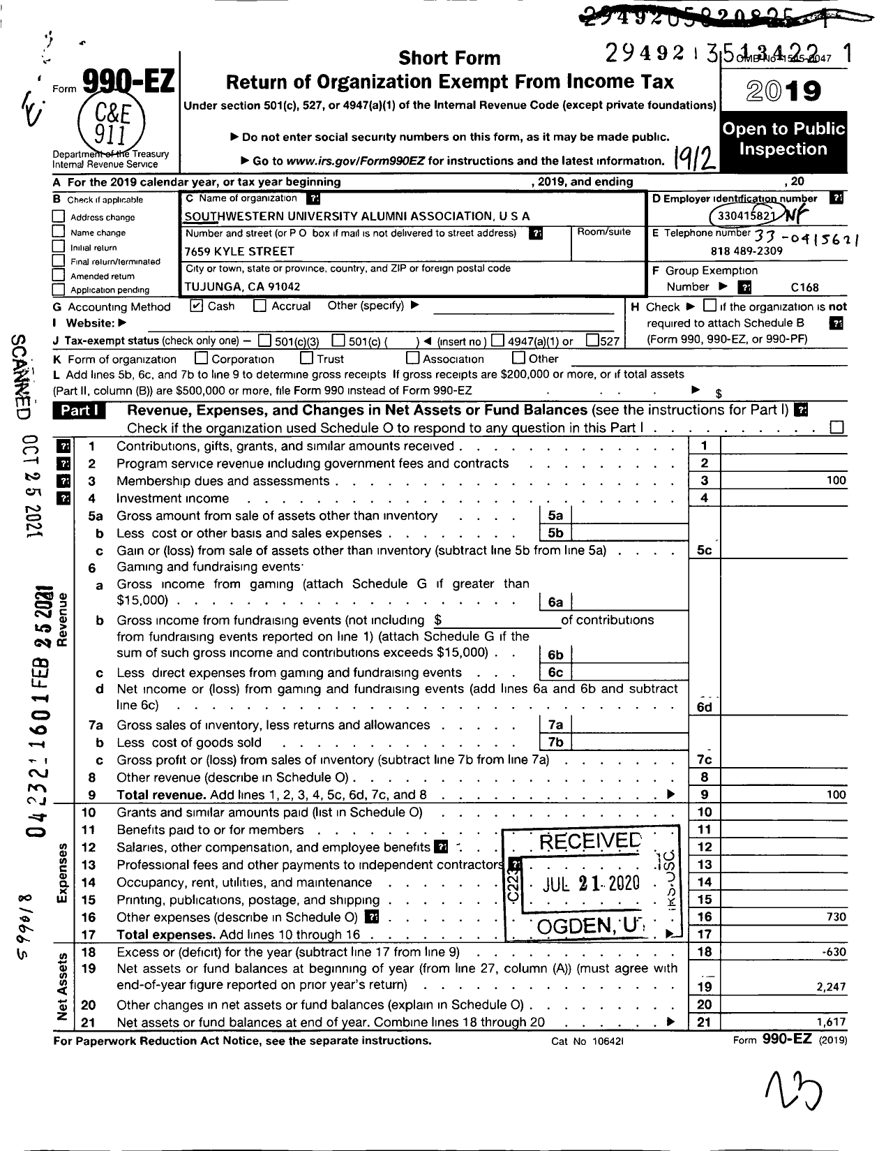 Image of first page of 2019 Form 990EO for Southwestern University Alumni Association USA