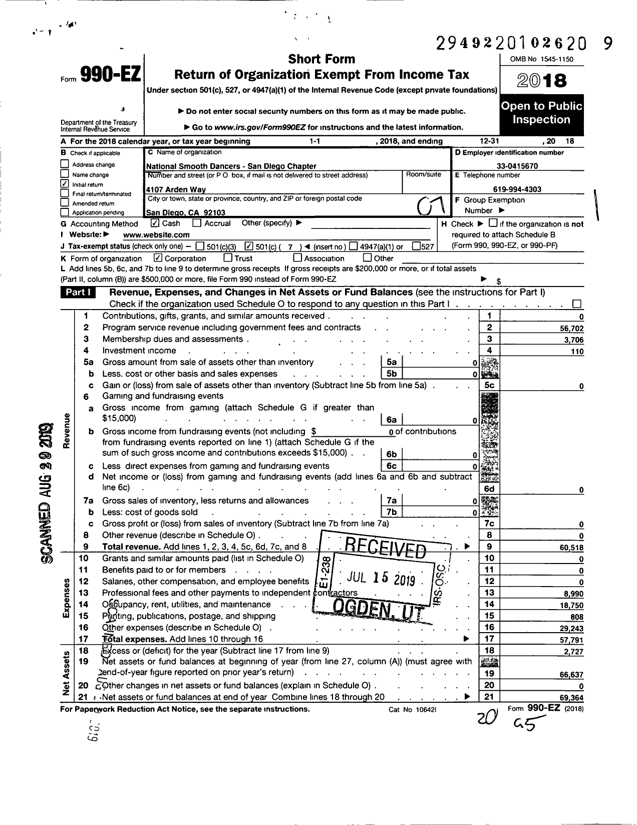 Image of first page of 2018 Form 990EO for National Smooth Dancers / San Diego Chapter