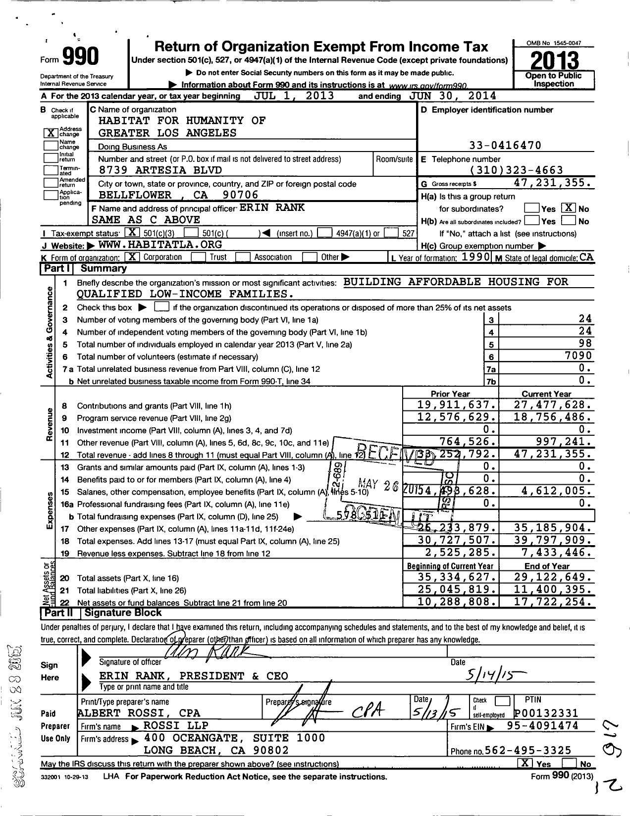 Image of first page of 2013 Form 990 for Habitat for Humanity of Greater Los Angeles