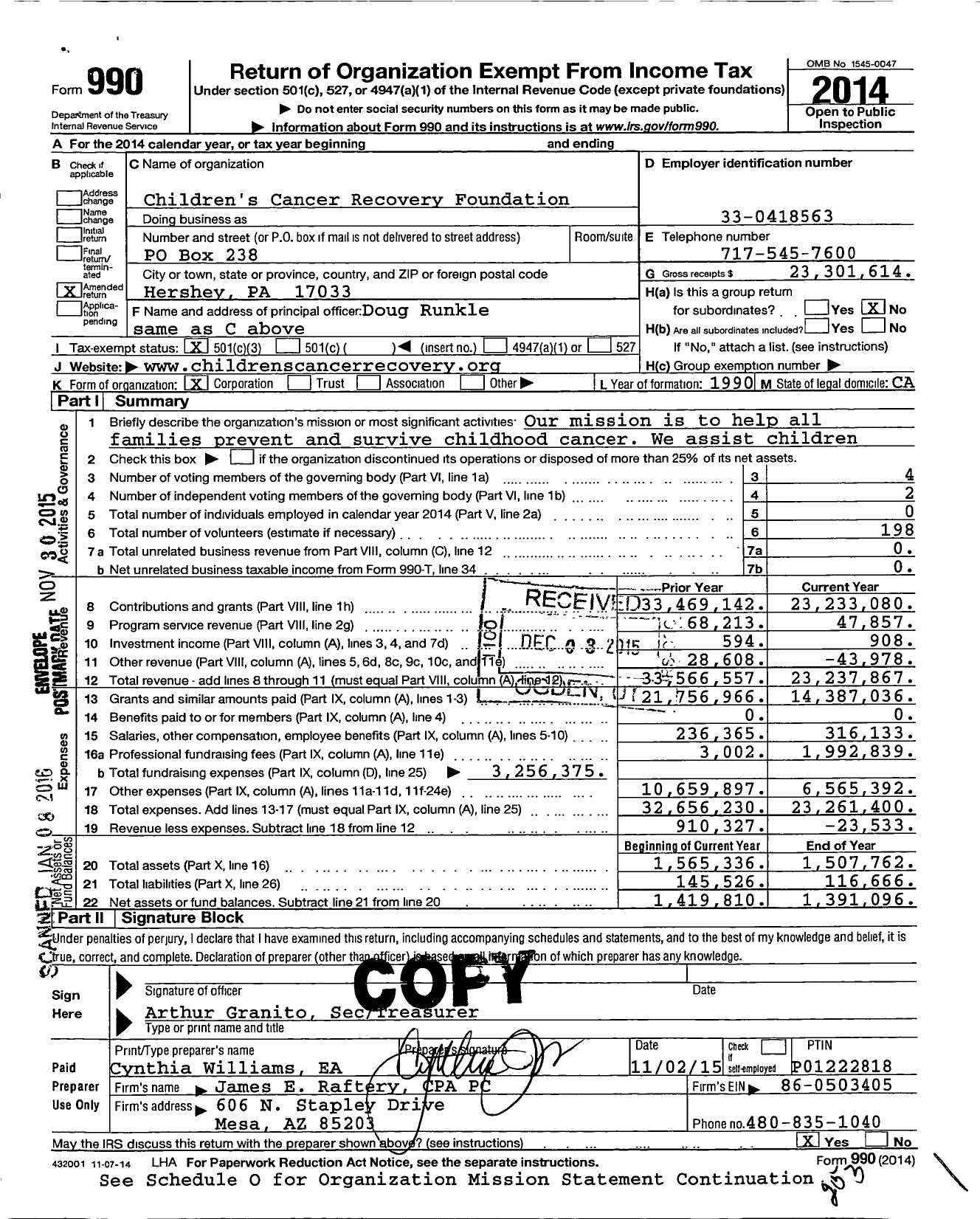 Image of first page of 2014 Form 990 for Children's Cancer Recovery Foundation
