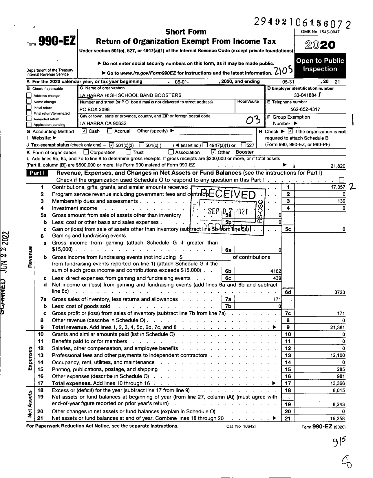 Image of first page of 2020 Form 990EZ for La Habra High School Band Boosters