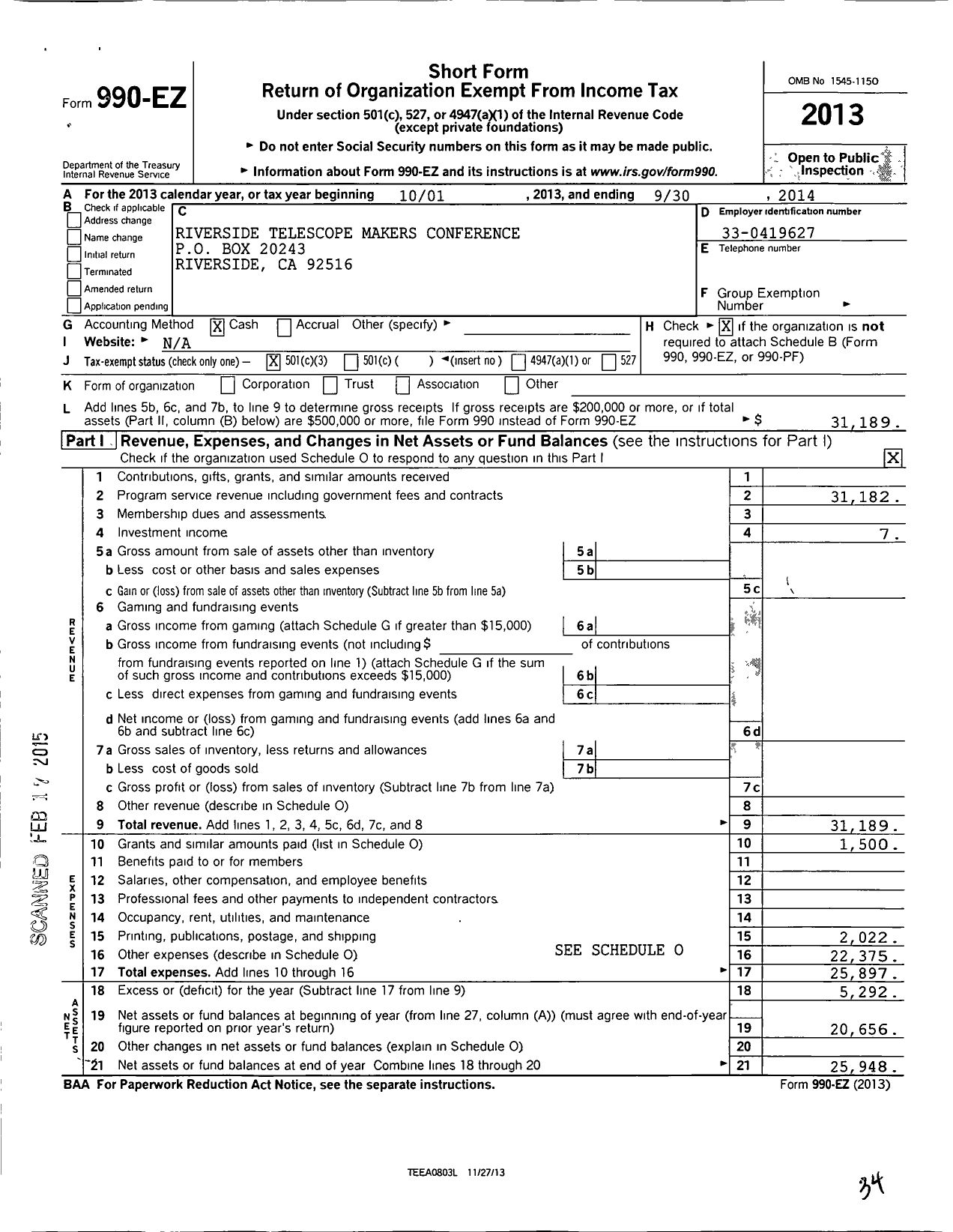 Image of first page of 2013 Form 990EZ for Riverside Telescope Makers Conference