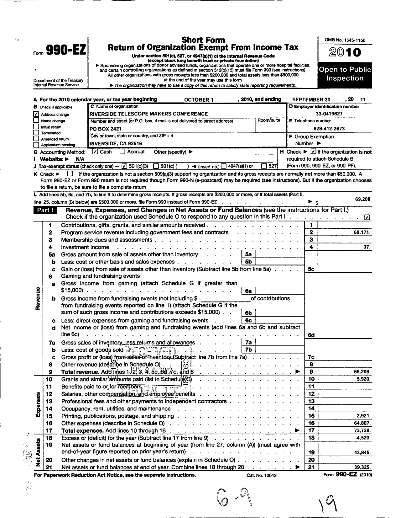 Image of first page of 2010 Form 990EZ for Riverside Telescope Makers Conference