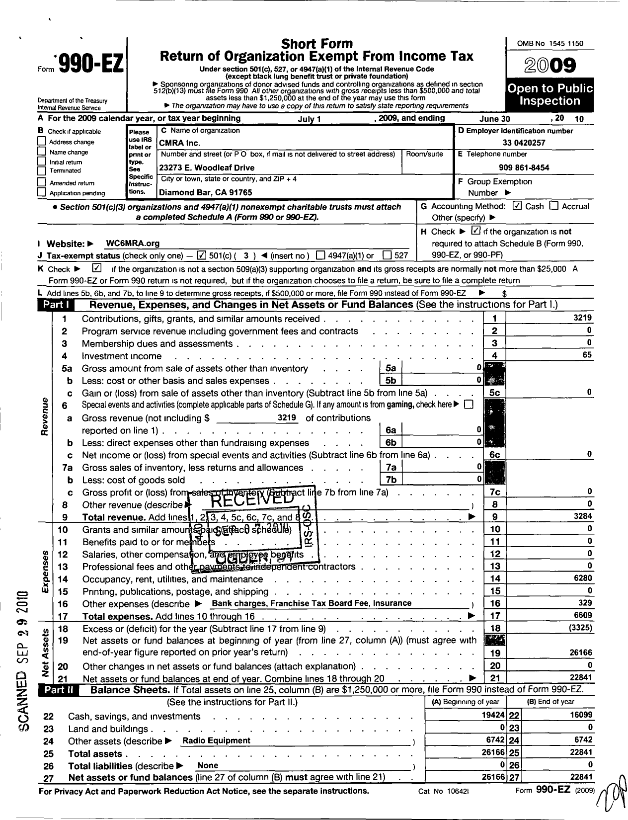 Image of first page of 2009 Form 990EZ for C M R A (Calif Microwave Relay Assn)