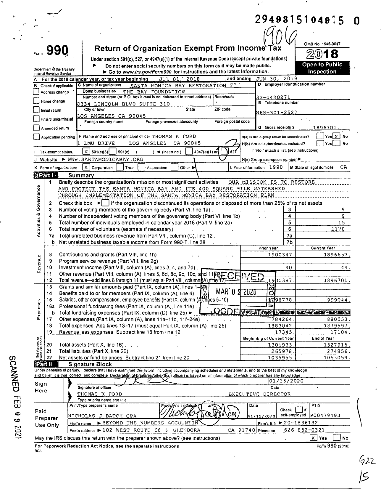 Image of first page of 2018 Form 990 for SANTA MONICA BAY RESTORATION FOUNDATION The BAY FOUNDATION