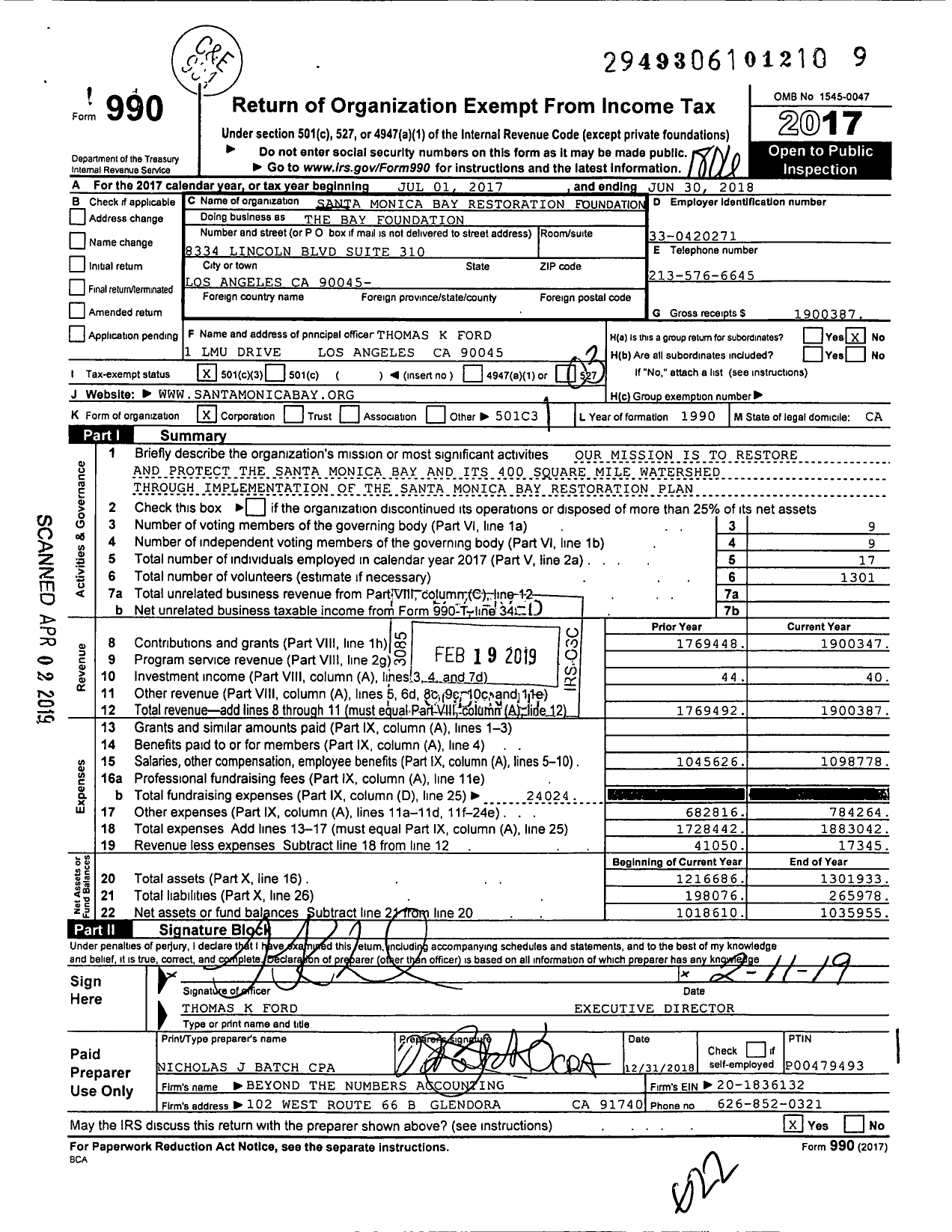 Image of first page of 2017 Form 990 for SANTA MONICA BAY RESTORATION FOUNDATION The BAY FOUNDATION