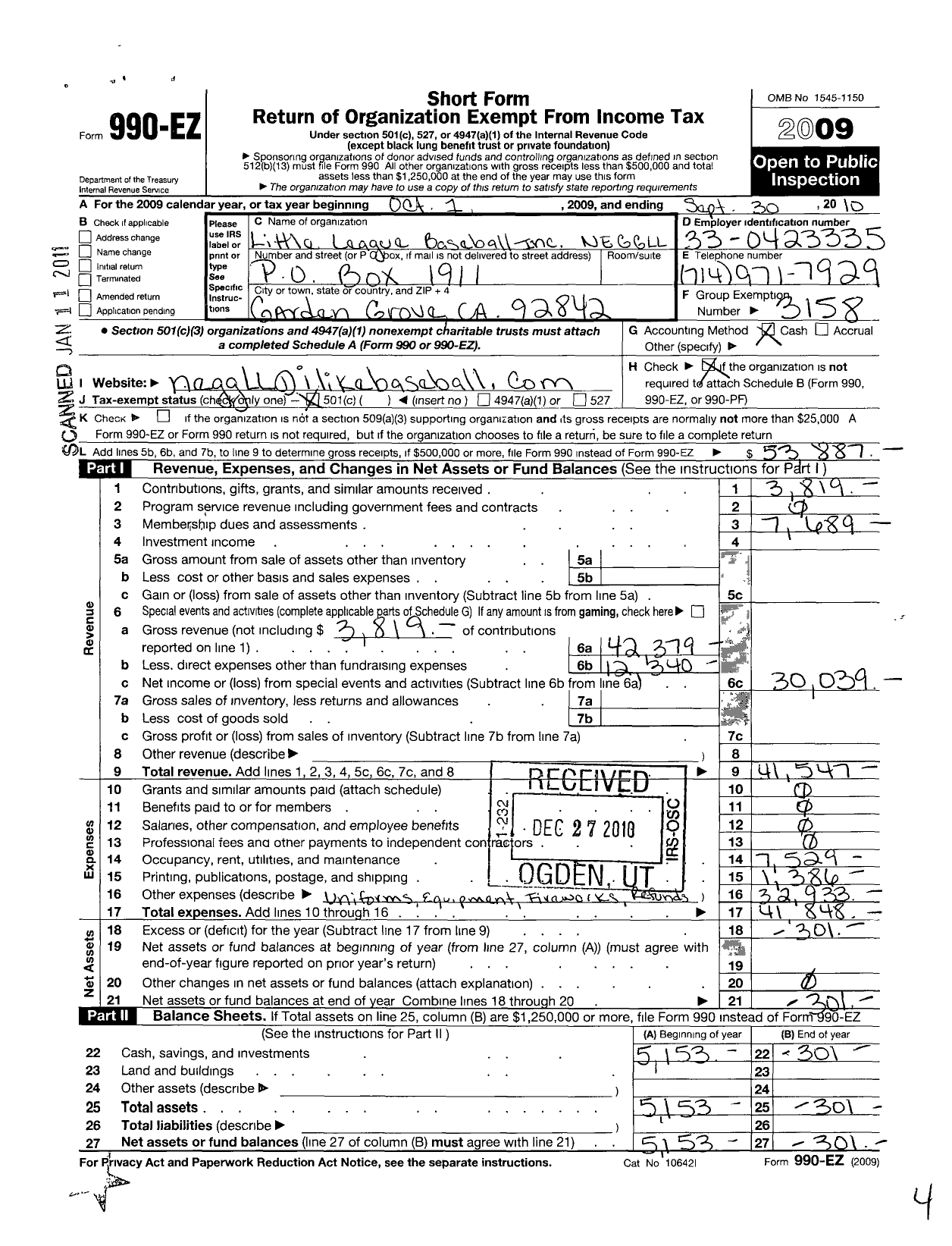 Image of first page of 2009 Form 990EO for Little League Baseball - 4054612 Northeast Garden Grove LL