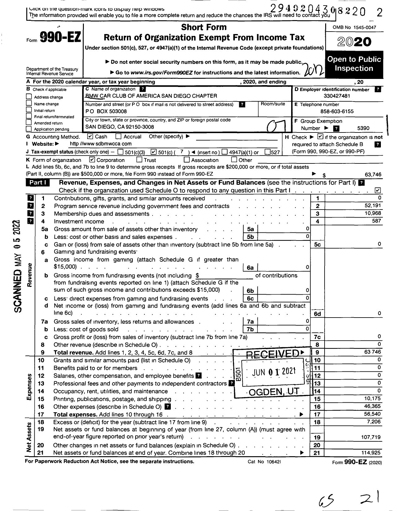 Image of first page of 2020 Form 990EO for BMW Car Club of America San Diego Chapter