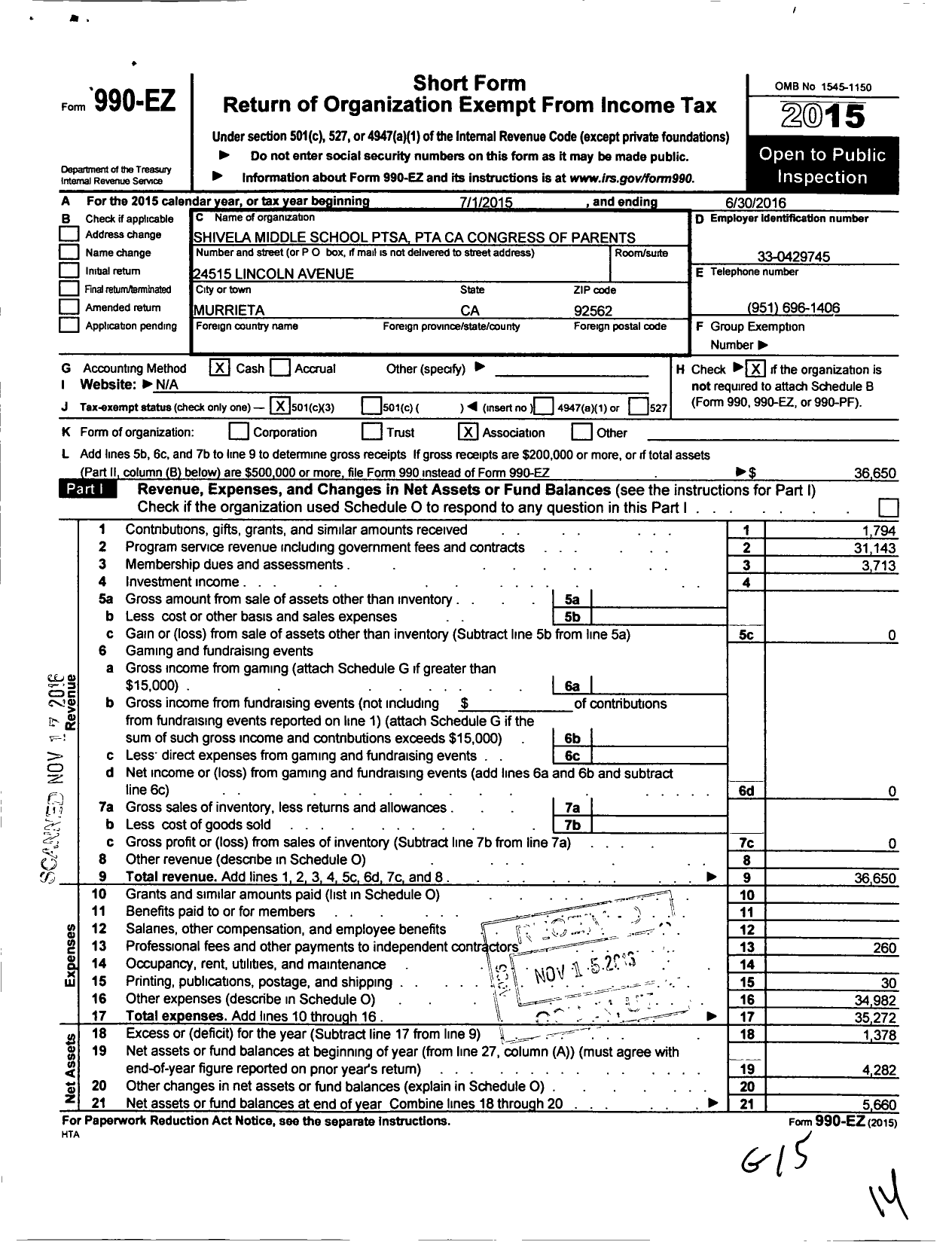 Image of first page of 2015 Form 990EZ for California State PTA - Shivela Middle Ptsa