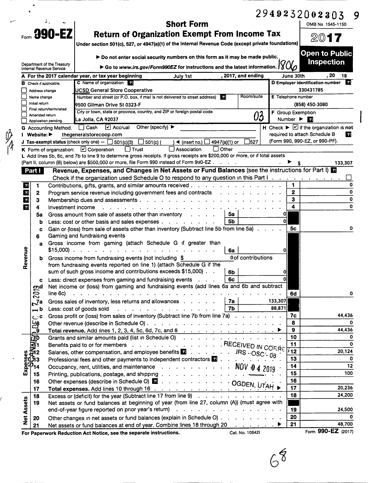 Image of first page of 2017 Form 990EZ for Ucsd General Store Cooperative