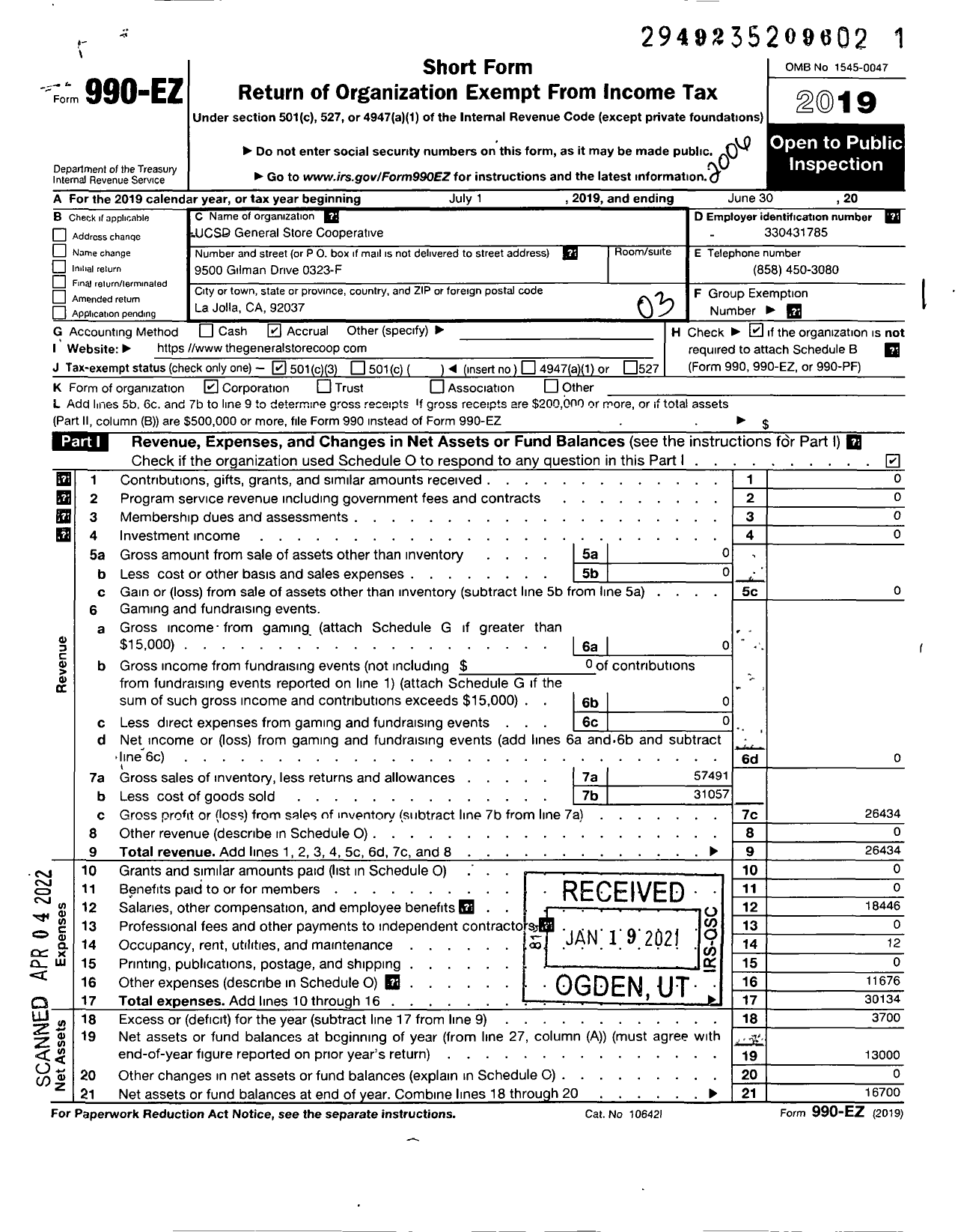 Image of first page of 2019 Form 990EZ for Ucsd General Store Cooperative