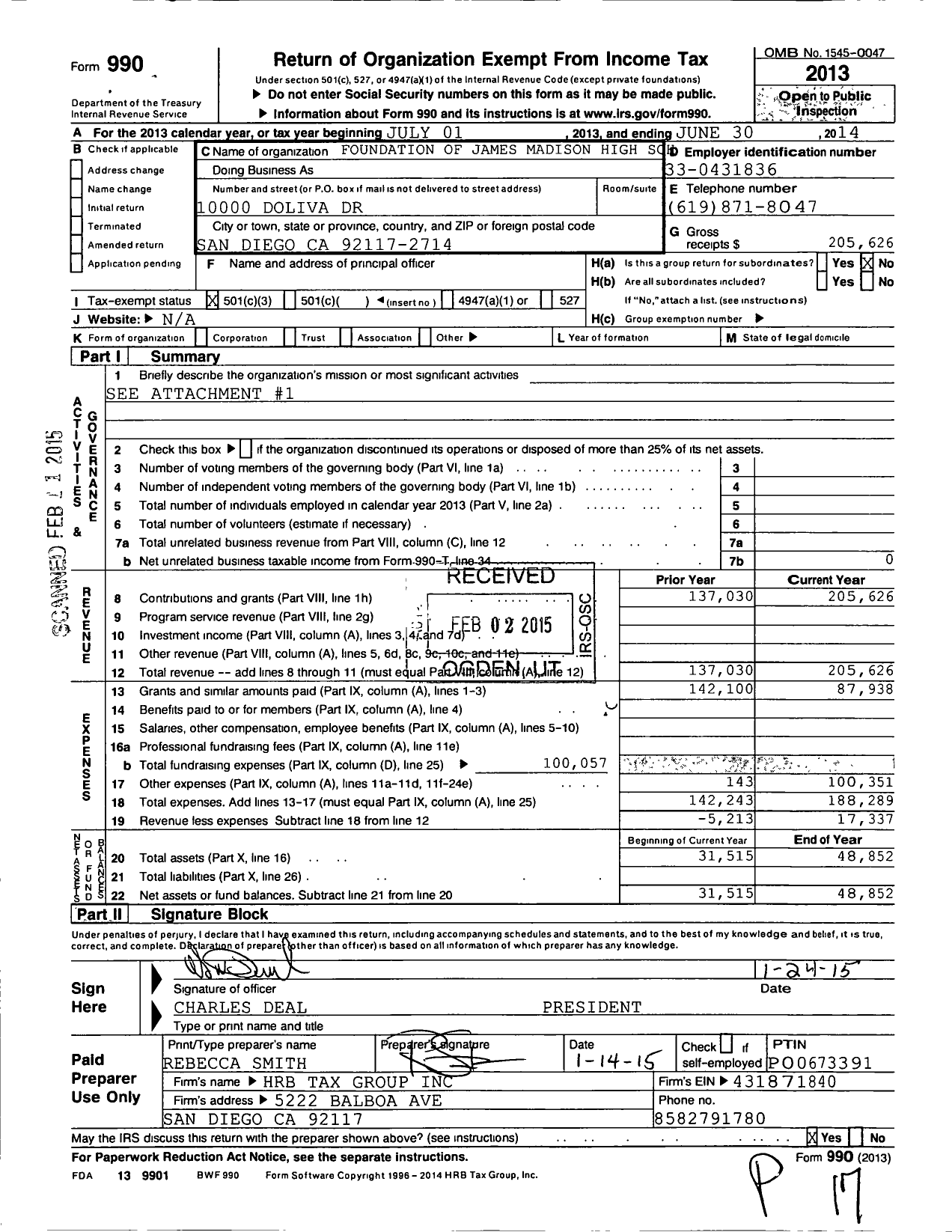 Image of first page of 2013 Form 990 for Foundation of James Madison High School