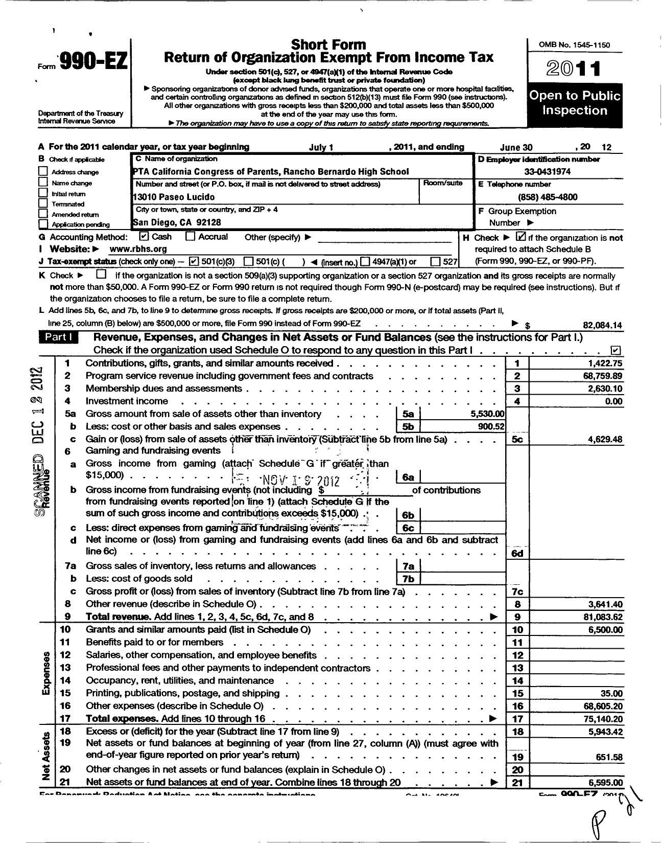 Image of first page of 2011 Form 990EZ for California State PTA - Rancho Bernardo High Ptsa