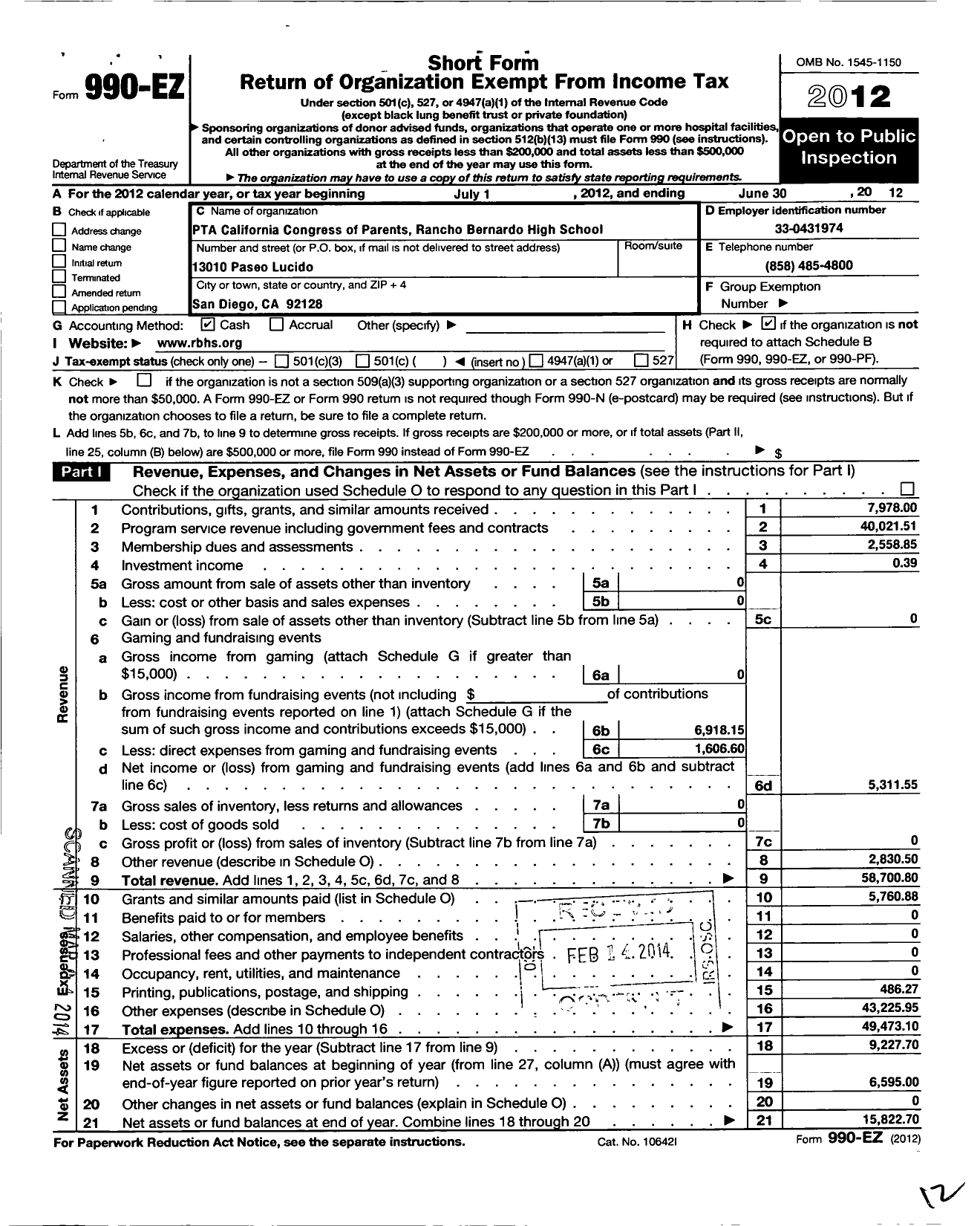 Image of first page of 2011 Form 990EO for California State PTA - Rancho Bernardo High Ptsa