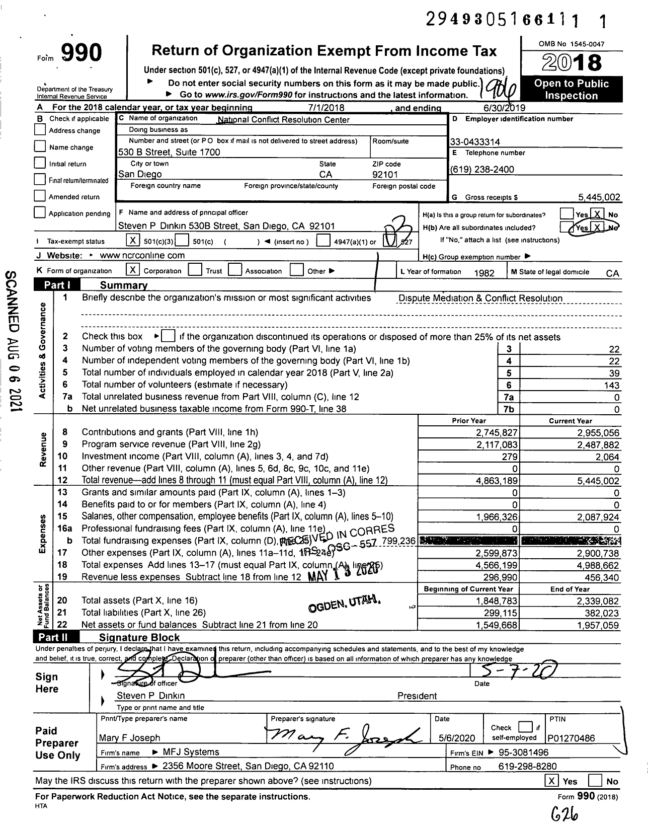 Image of first page of 2018 Form 990 for National Conflict Resolution Center (NCRC)