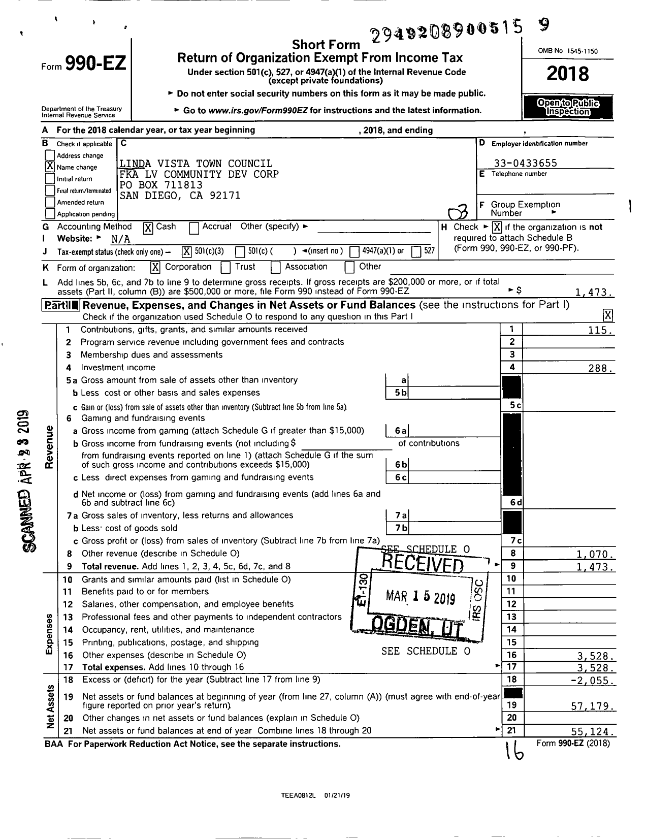 Image of first page of 2018 Form 990EZ for Linda Vista Town Council