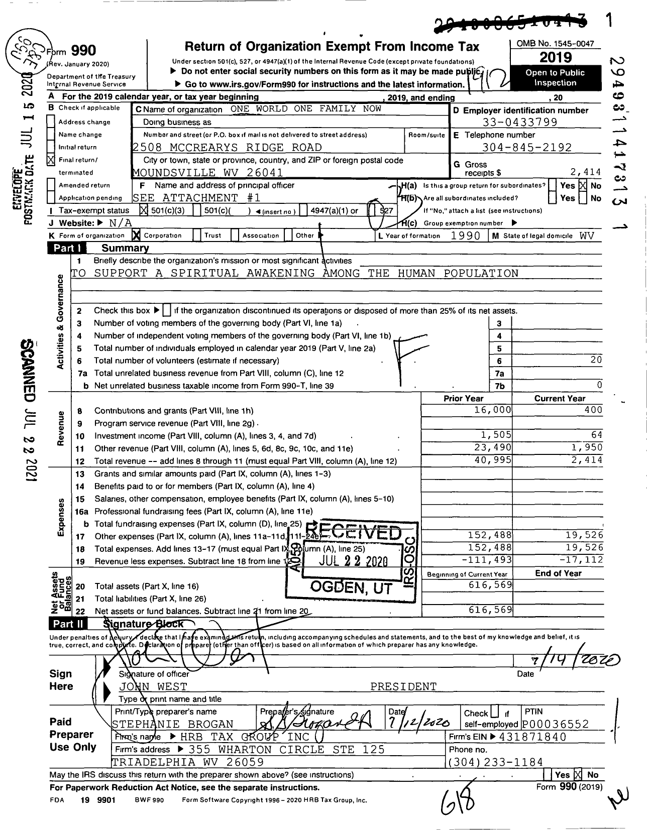 Image of first page of 2019 Form 990 for One World One Family Now