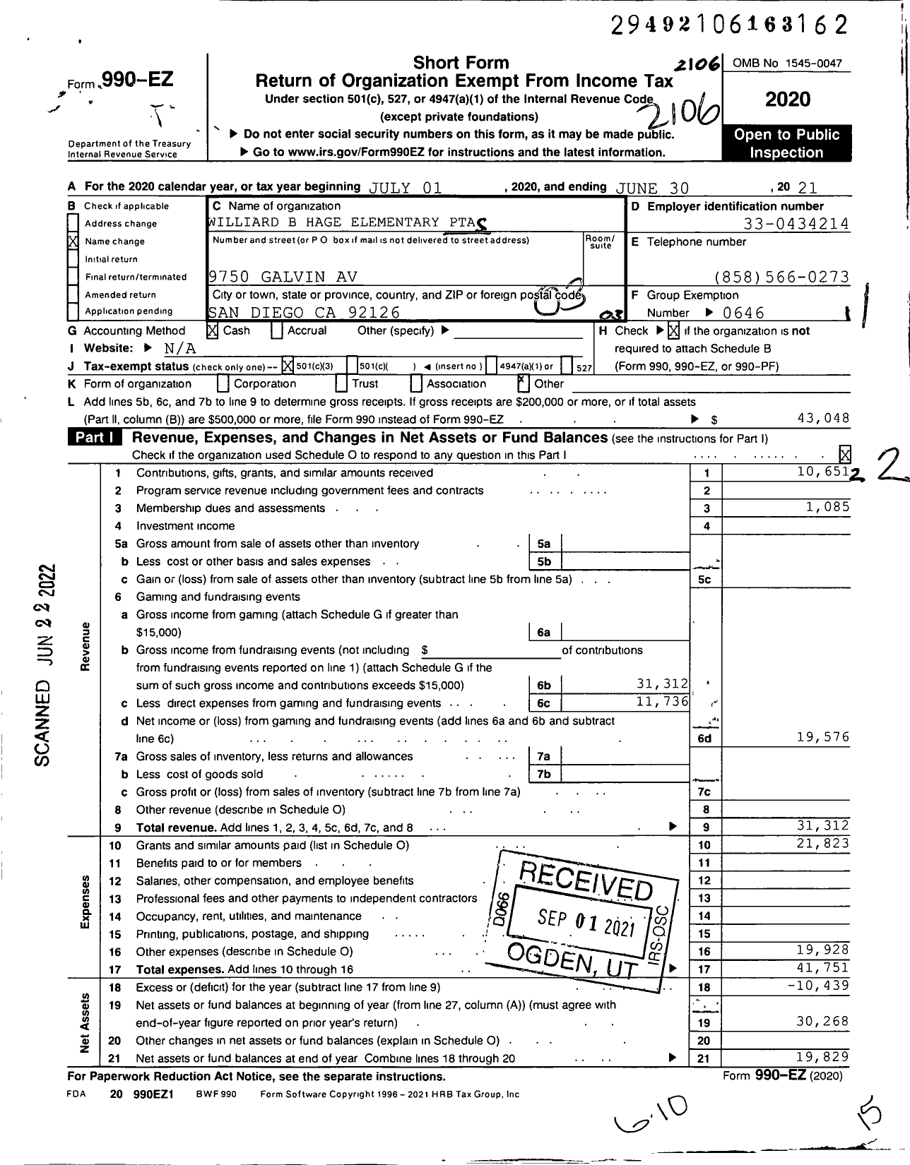 Image of first page of 2020 Form 990EZ for California State PTA - Willard B Hage Elementary PTA