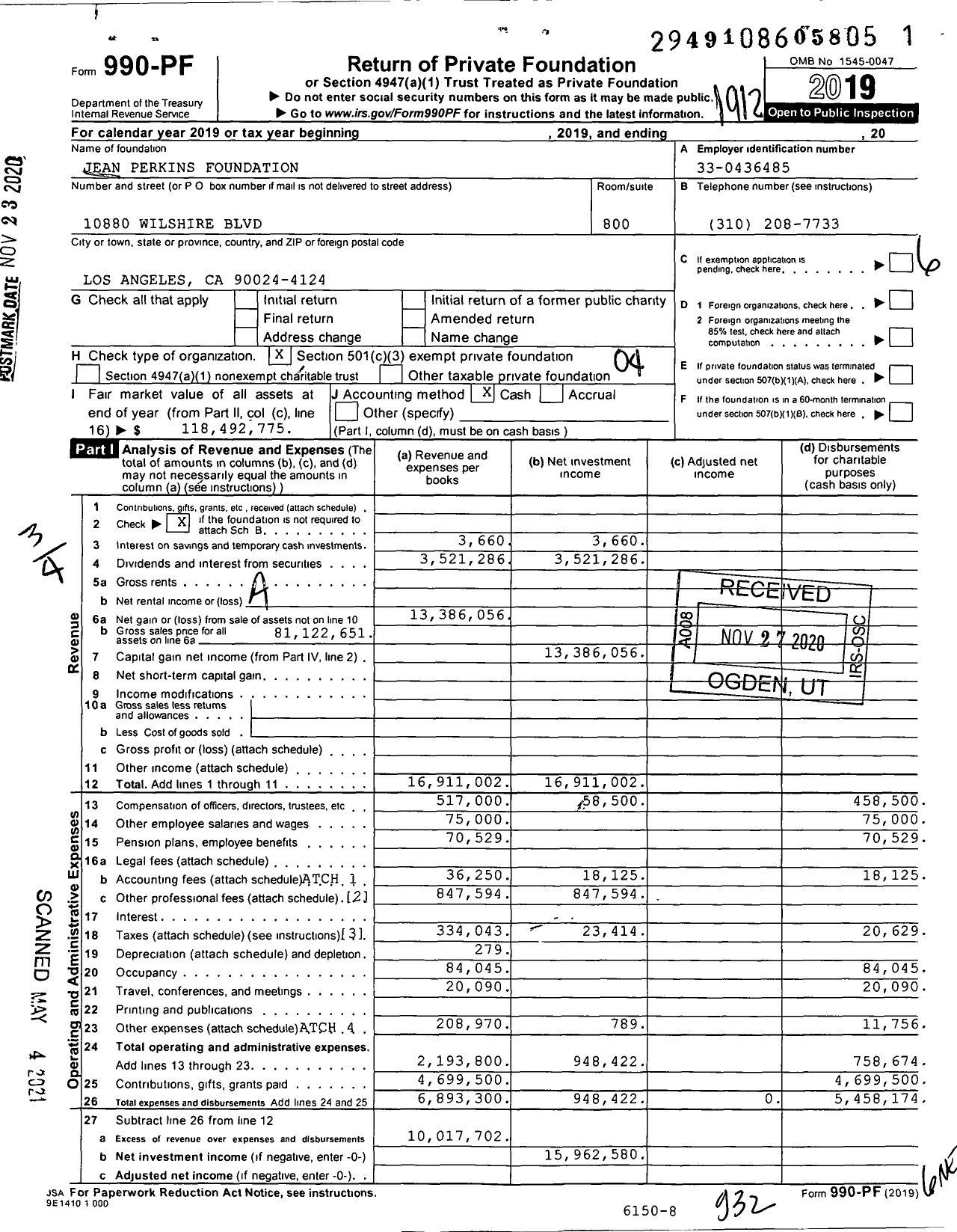 Image of first page of 2019 Form 990PF for Jean Perkins Foundation