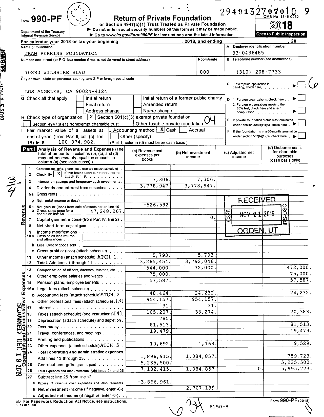 Image of first page of 2018 Form 990PF for Jean Perkins Foundation