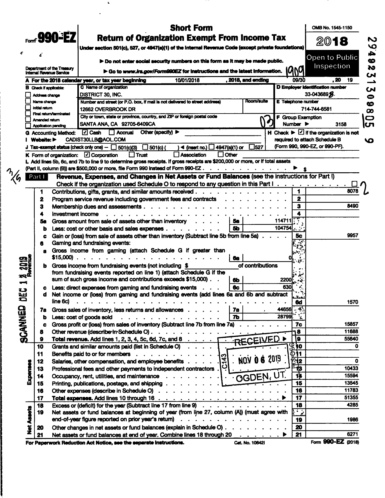 Image of first page of 2018 Form 990EZ for Little League Baseball - District 30
