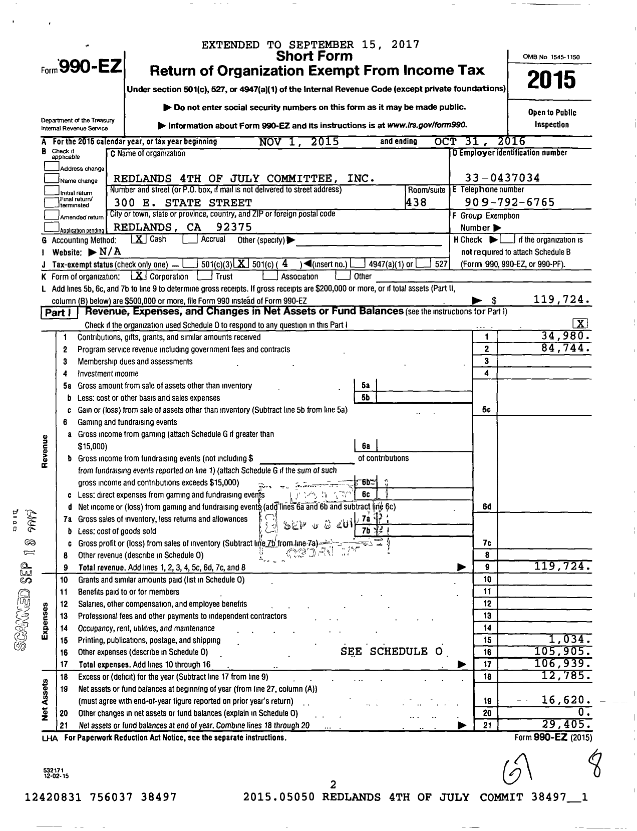 Image of first page of 2015 Form 990EO for Redlands 4th of July Committee