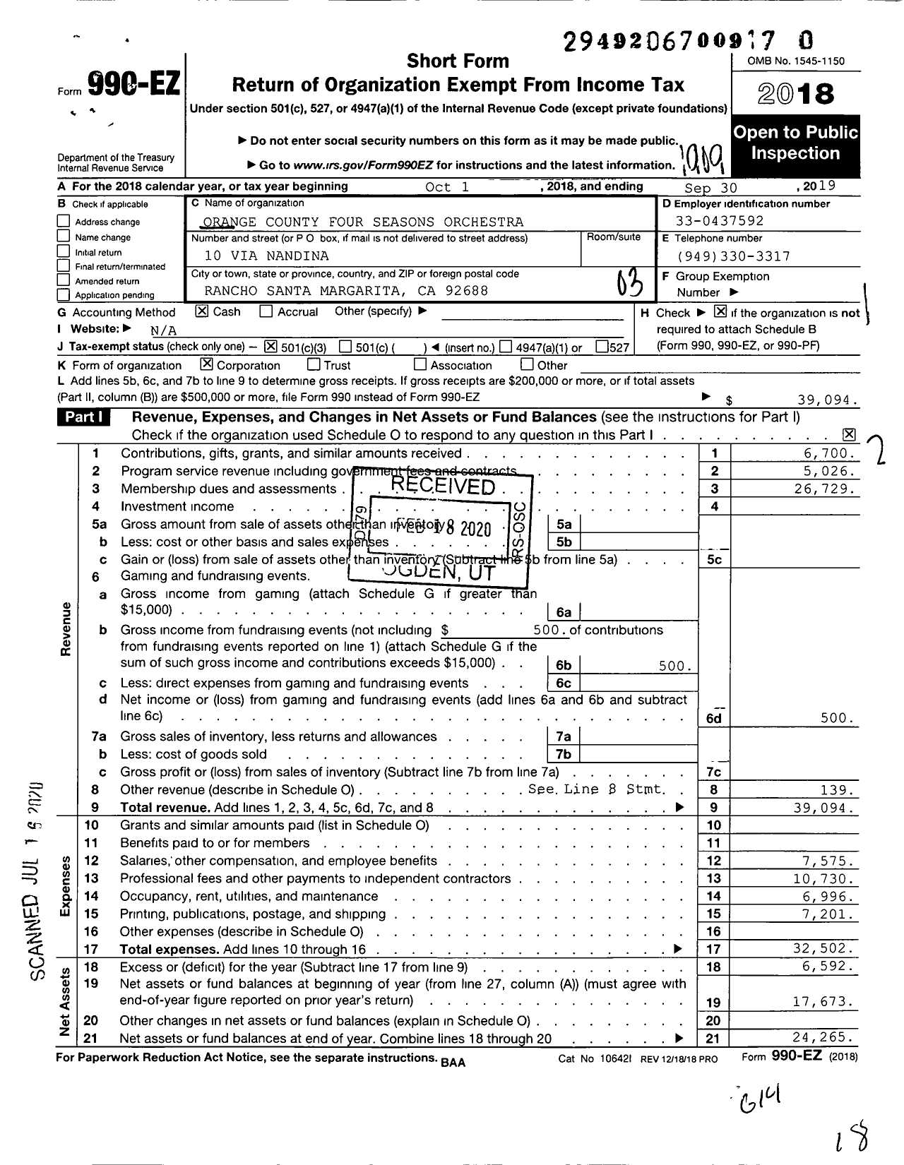 Image of first page of 2018 Form 990EZ for Orange County Four Seasons Orchestra