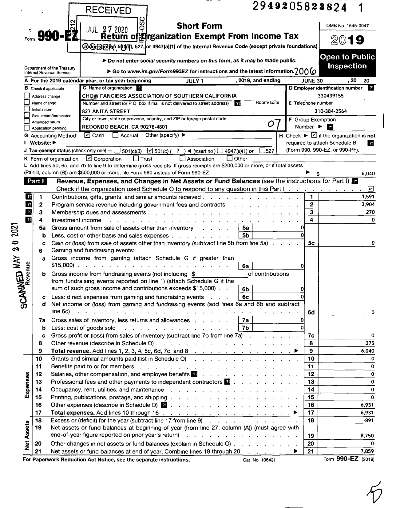 Image of first page of 2019 Form 990EO for Chow Fanciers Association of Southern California