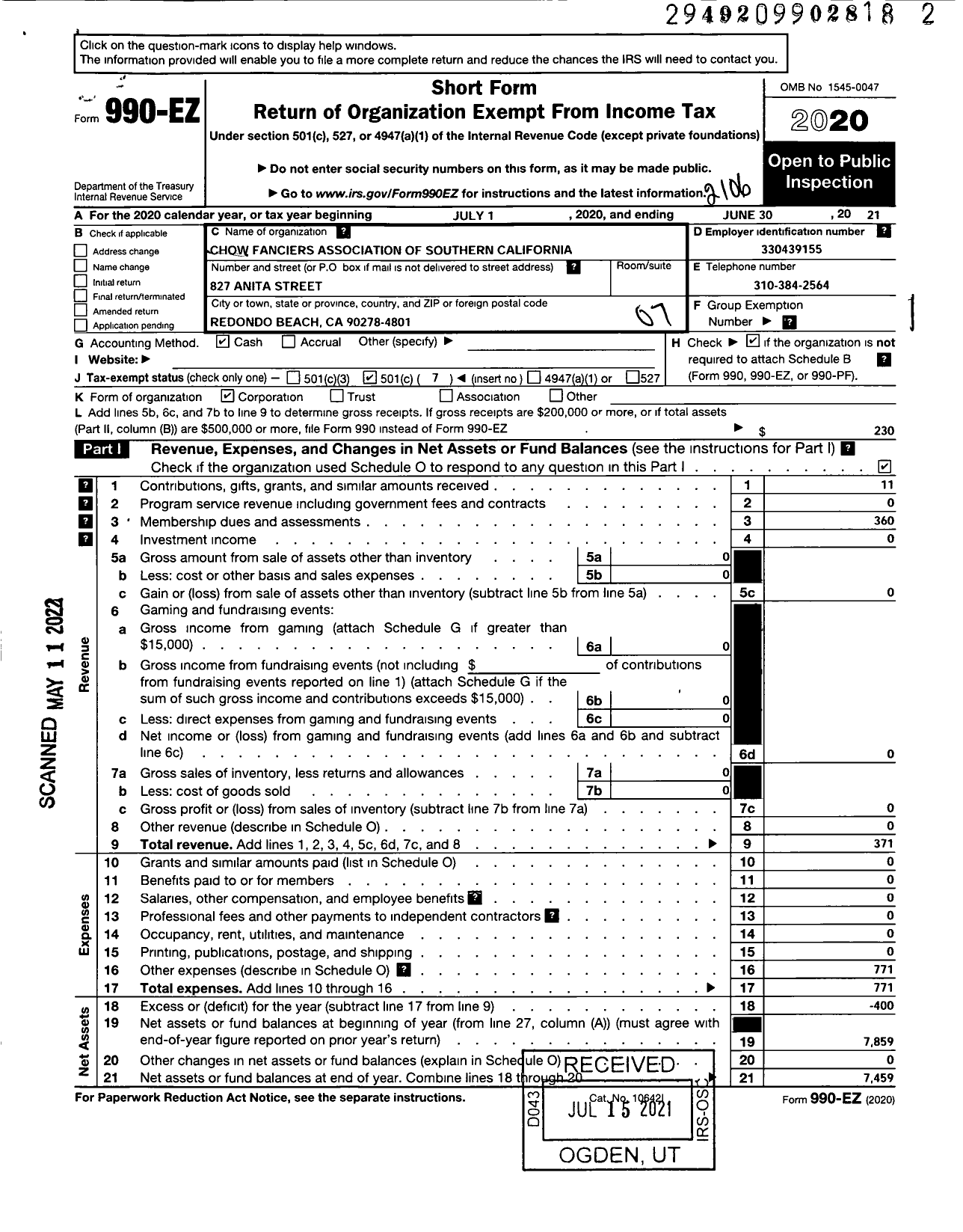 Image of first page of 2020 Form 990EO for Chow Fanciers Association of Southern California