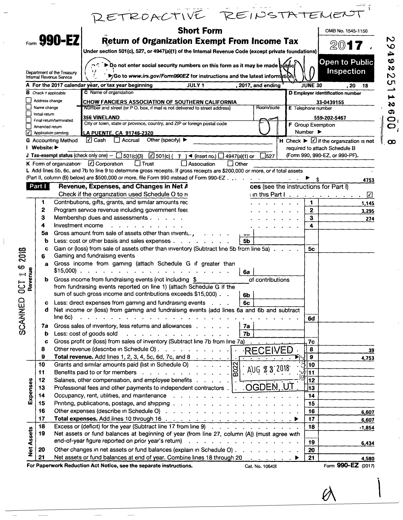 Image of first page of 2017 Form 990EO for Chow Fanciers Association of Southern California