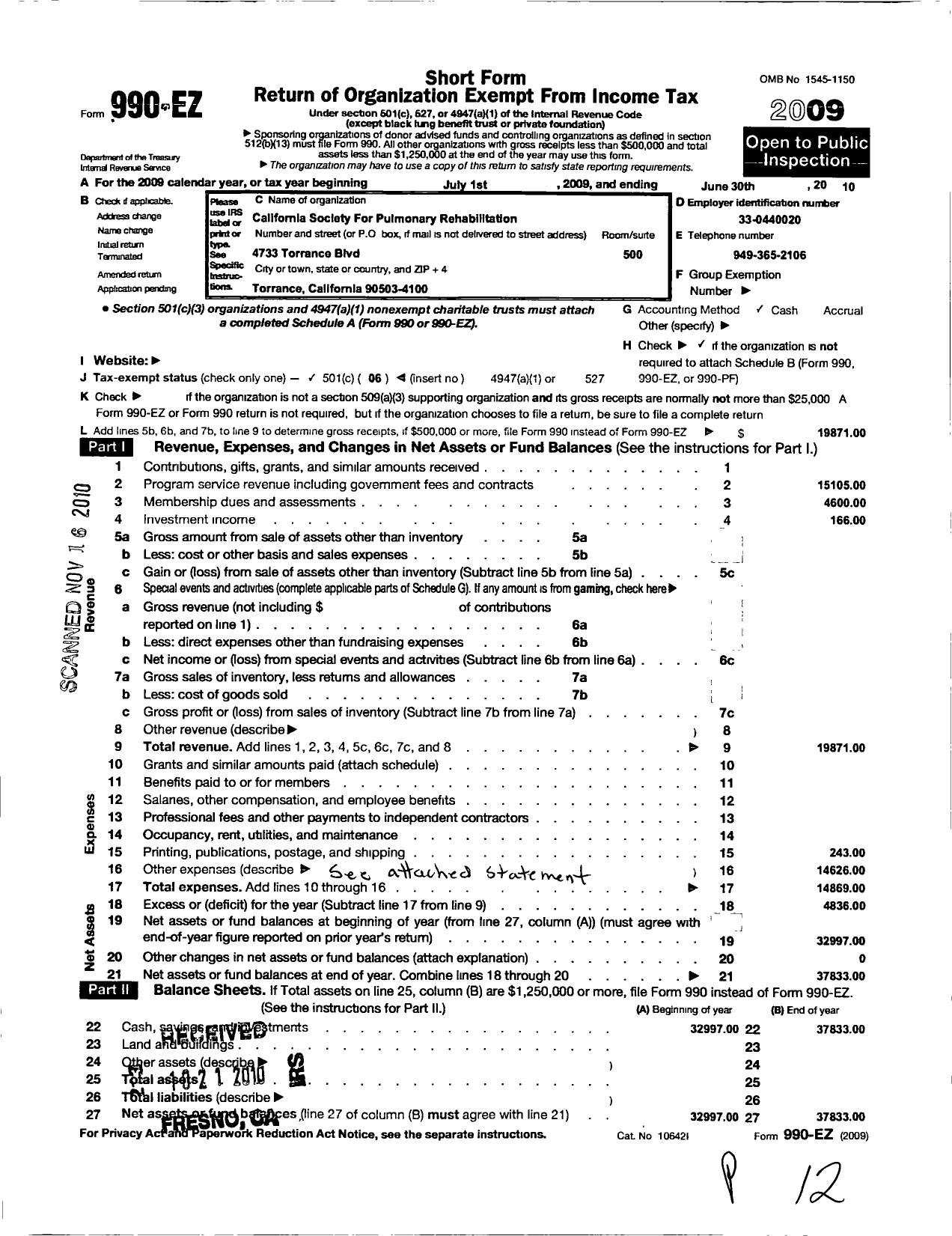 Image of first page of 2009 Form 990EO for The California Society for Pulmonary Rehabilitation