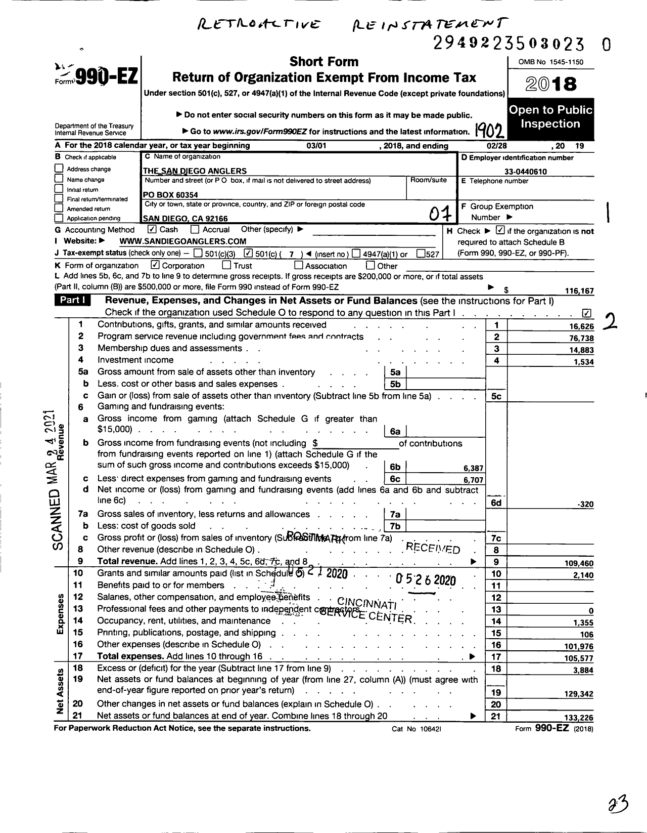 Image of first page of 2018 Form 990EO for The San Diego Anglers