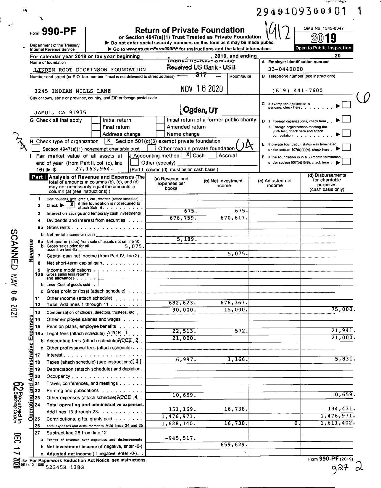 Image of first page of 2019 Form 990PF for Linden Root Dickinson Foundation