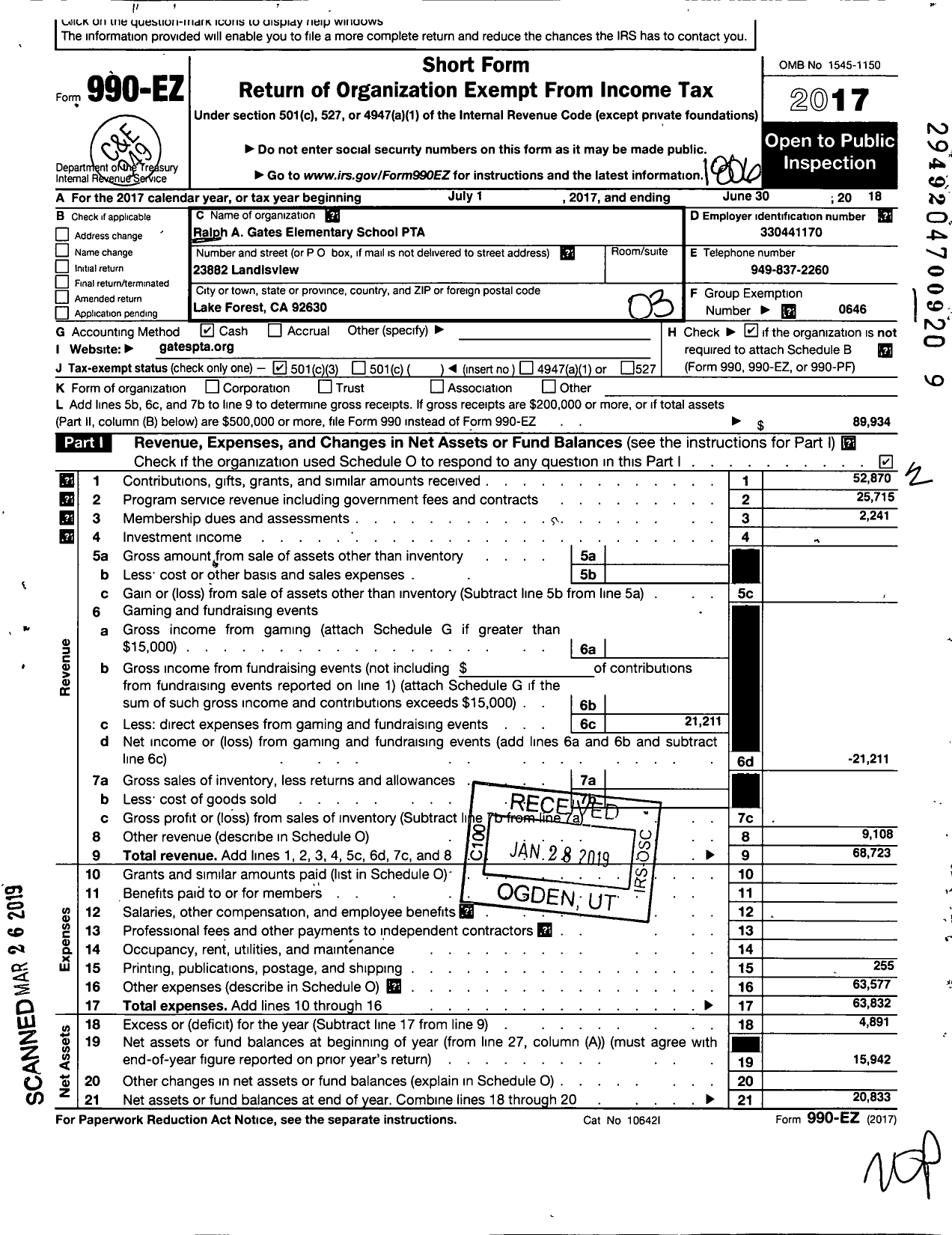 Image of first page of 2017 Form 990EZ for California State PTA - Ralph A Gates Elementary PTA