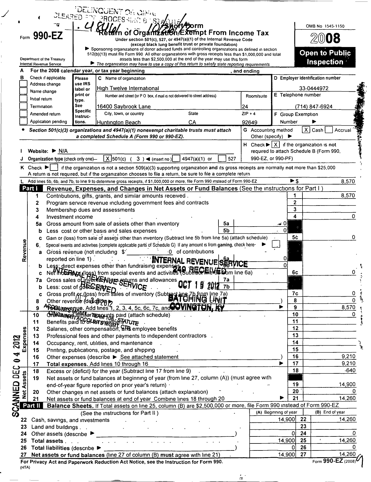 Image of first page of 2008 Form 990EZ for High Twelve International - 444 Signal Hill