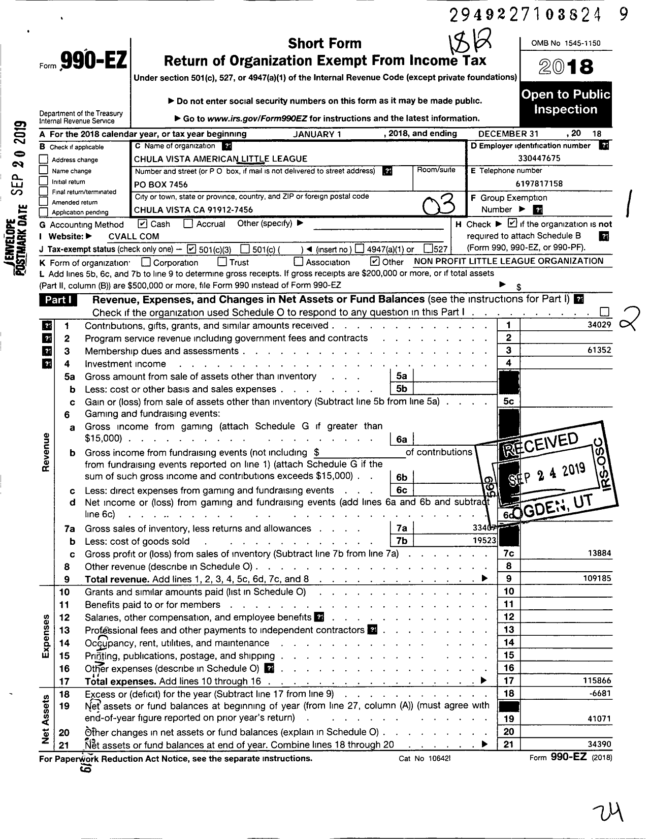 Image of first page of 2018 Form 990EZ for Little League Baseball - 4054202 Chula Vista American LL