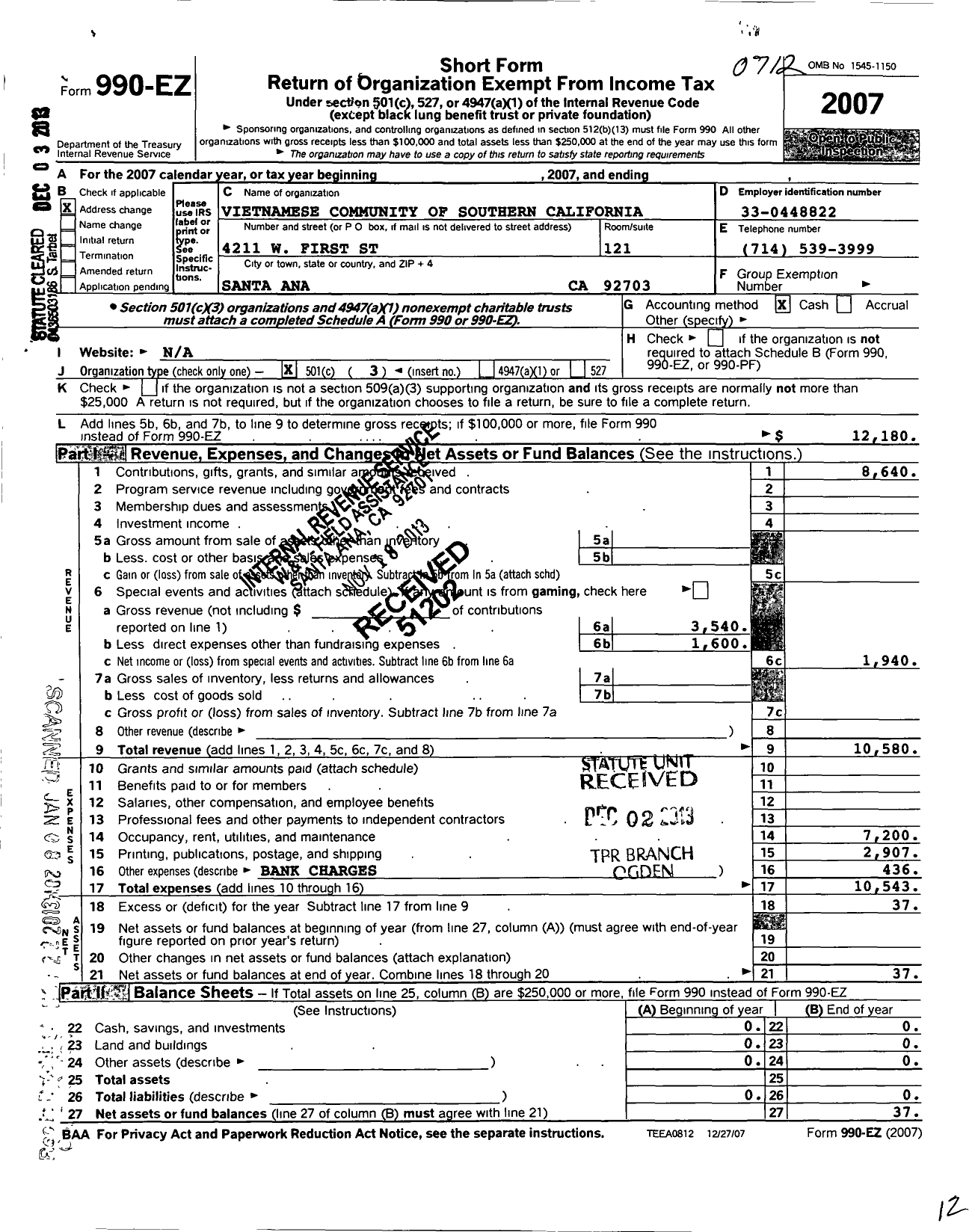 Image of first page of 2007 Form 990EZ for Vietnamese Community of Southern California