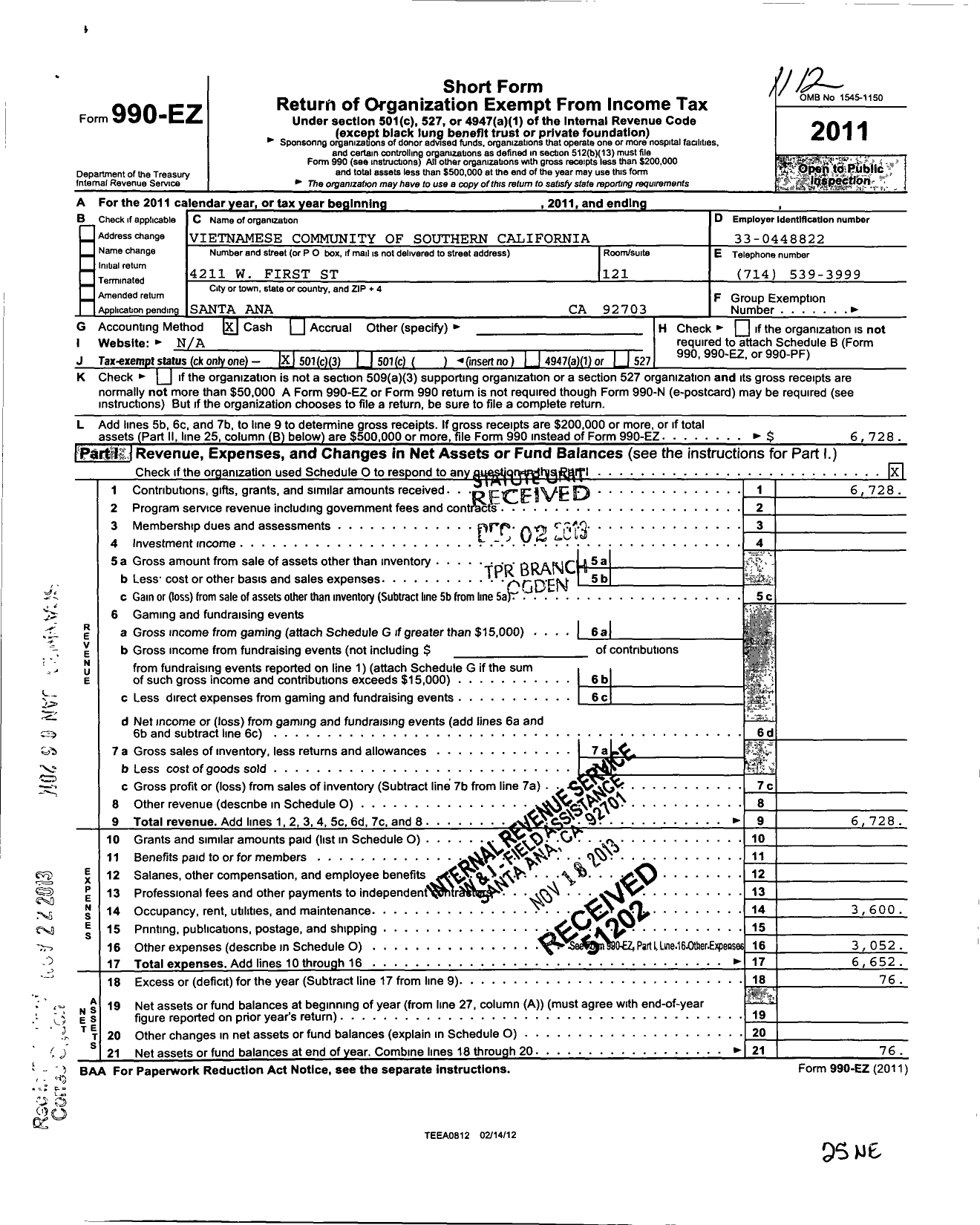 Image of first page of 2011 Form 990EZ for Vietnamese Community of Southern California