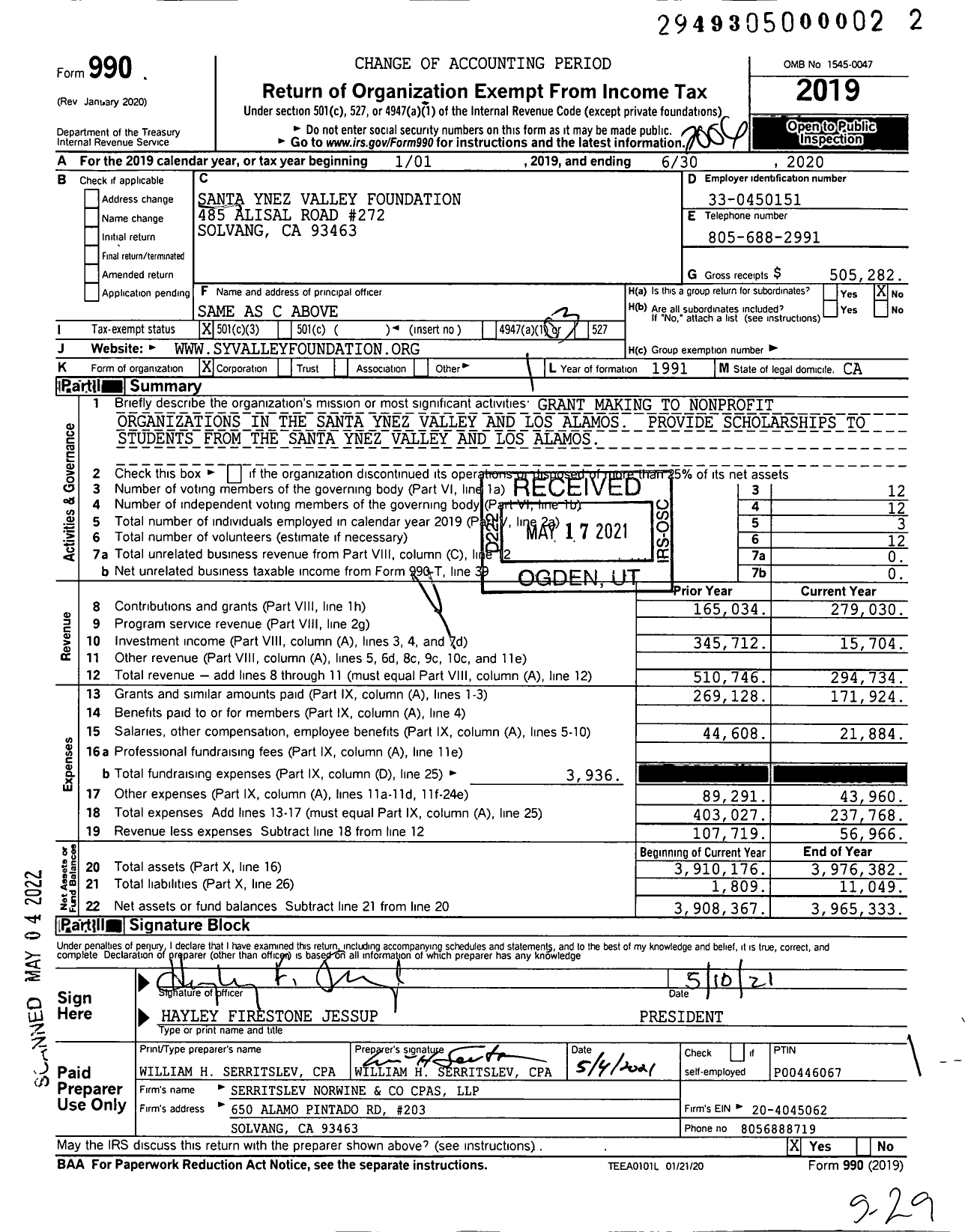 Image of first page of 2019 Form 990 for Santa Ynez Valley Foundation