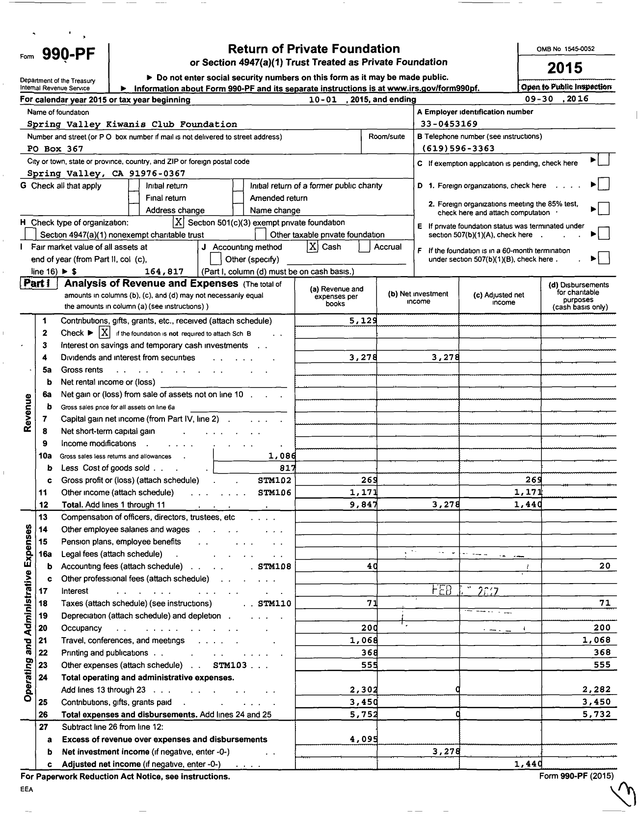 Image of first page of 2015 Form 990PF for Spring Valley Kiwanis Club Foundation