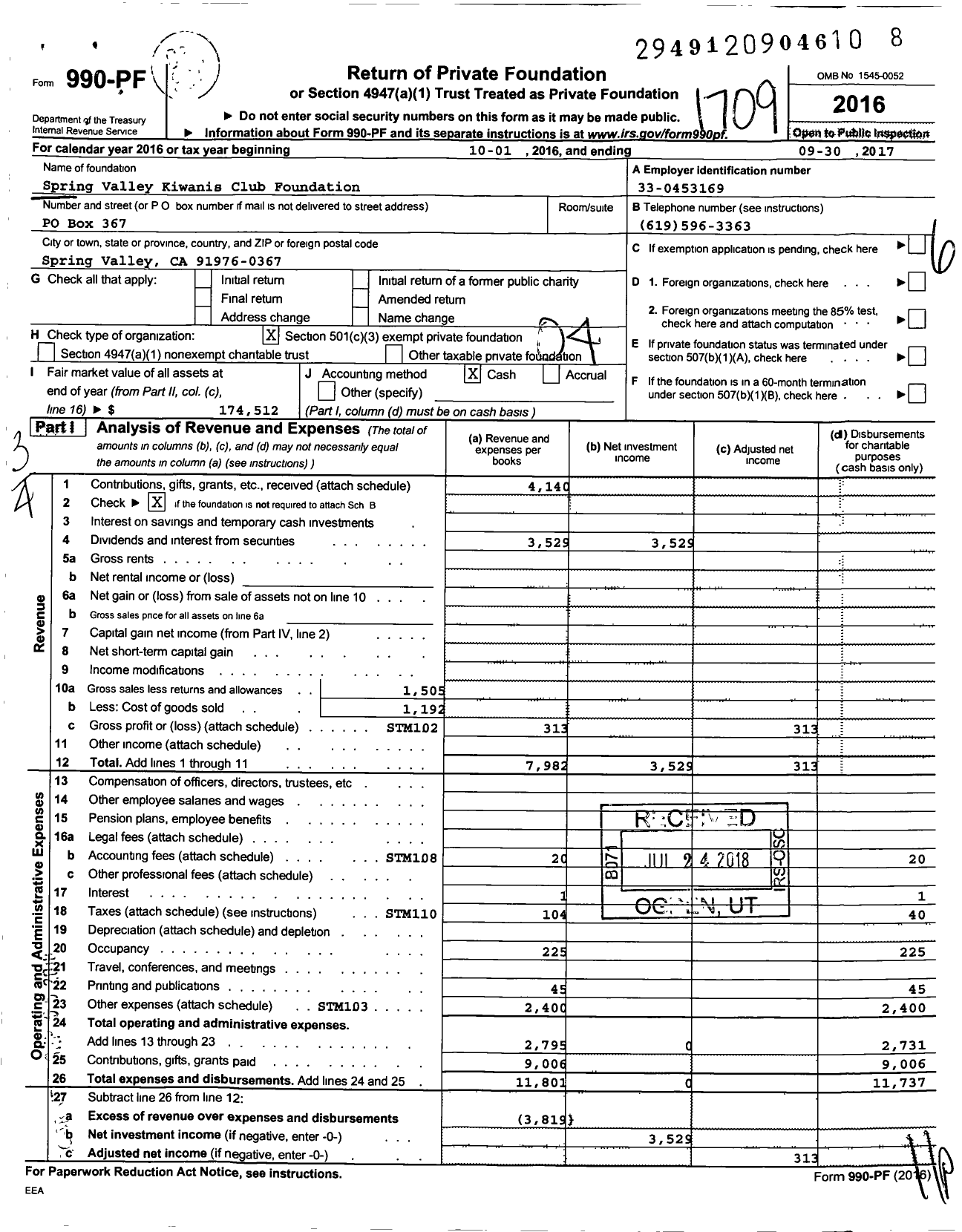 Image of first page of 2016 Form 990PF for Spring Valley Kiwanis Club Foundation